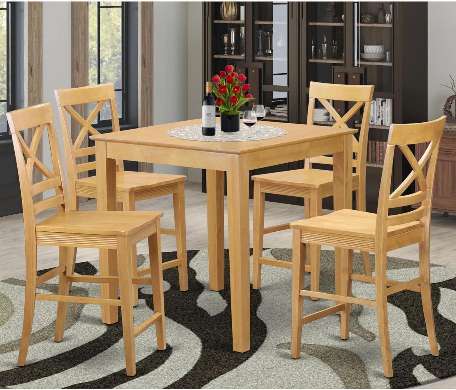 Oak 36-Inch Square Pub Table with 4 Cross-Back Chairs