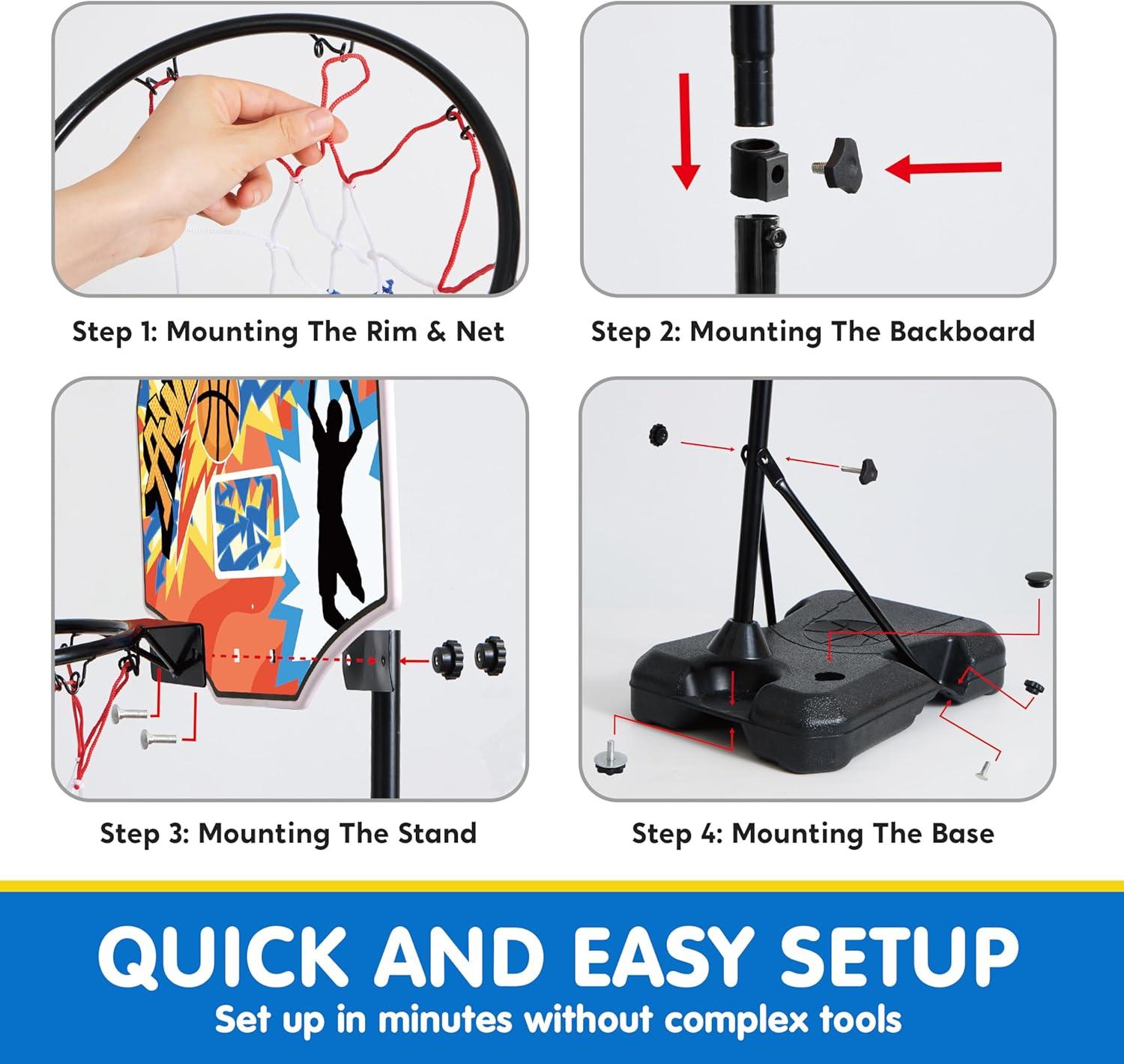 Phantoscope Kids Basketball Hoop, Adjustable Height 2.8 Ft-6.2 Ft Toddler Basketball Hoop For Kids Indoor Outdoor Play Portable Basket Ball For Age 3-8 Gift