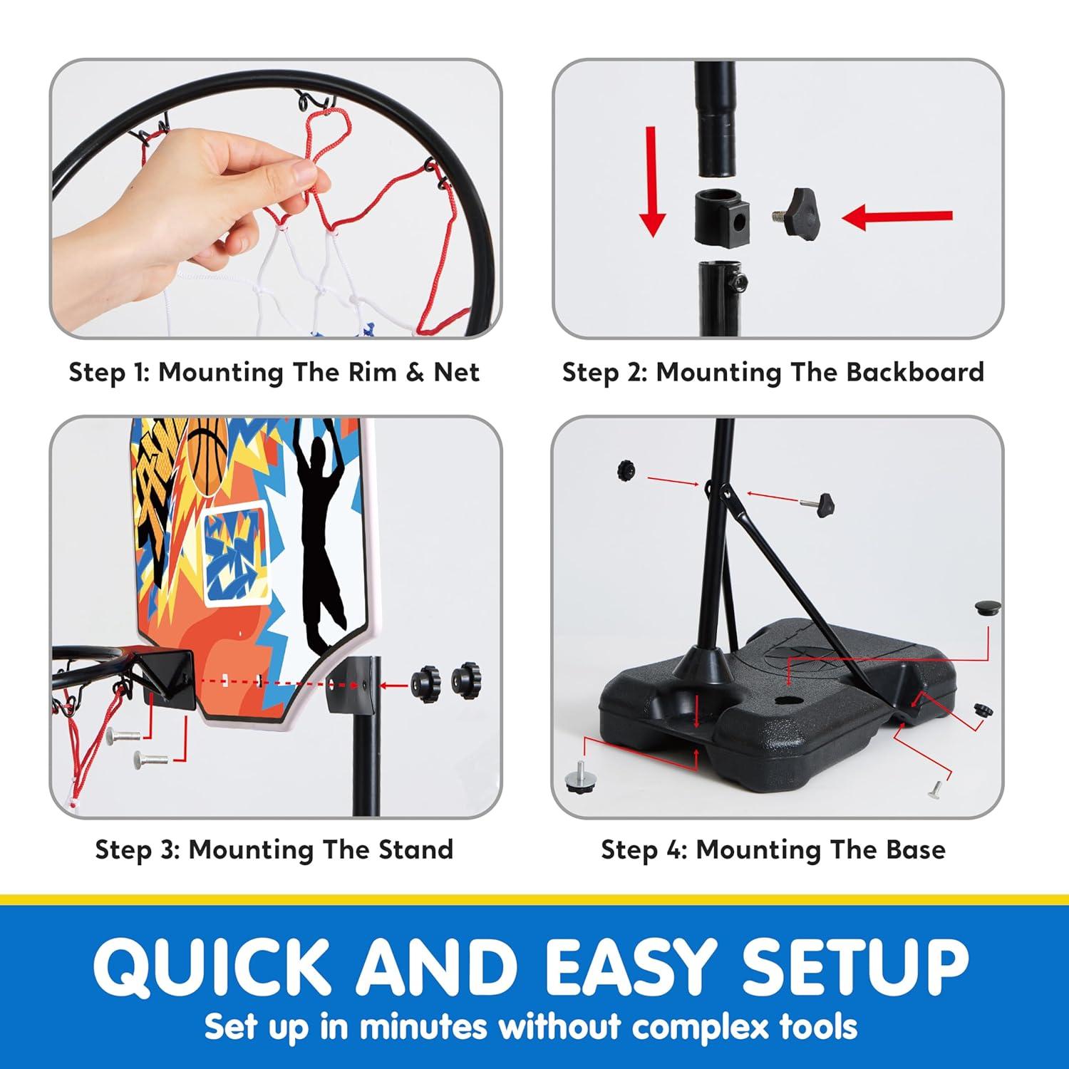 Phantoscope Kids Basketball Hoop, Adjustable Height 2.8 Ft-6.2 Ft Toddler Basketball Hoop For Kids Indoor Outdoor Play Portable Basket Ball For Age 3-8 Gift