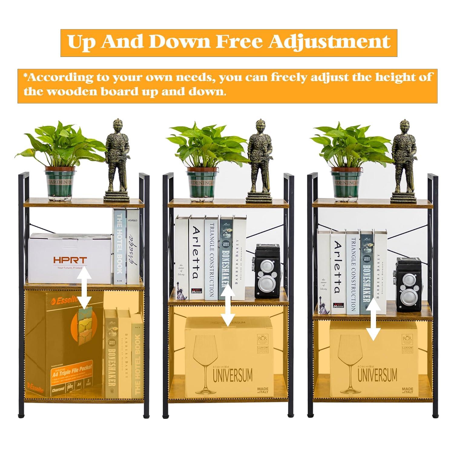 HCHQHS Small Bookshelf, Adjustable 3-Tier Industrial Bookcase, Rustic Open Book Shelf, Wood and Metal Horizontal Bookshelves
