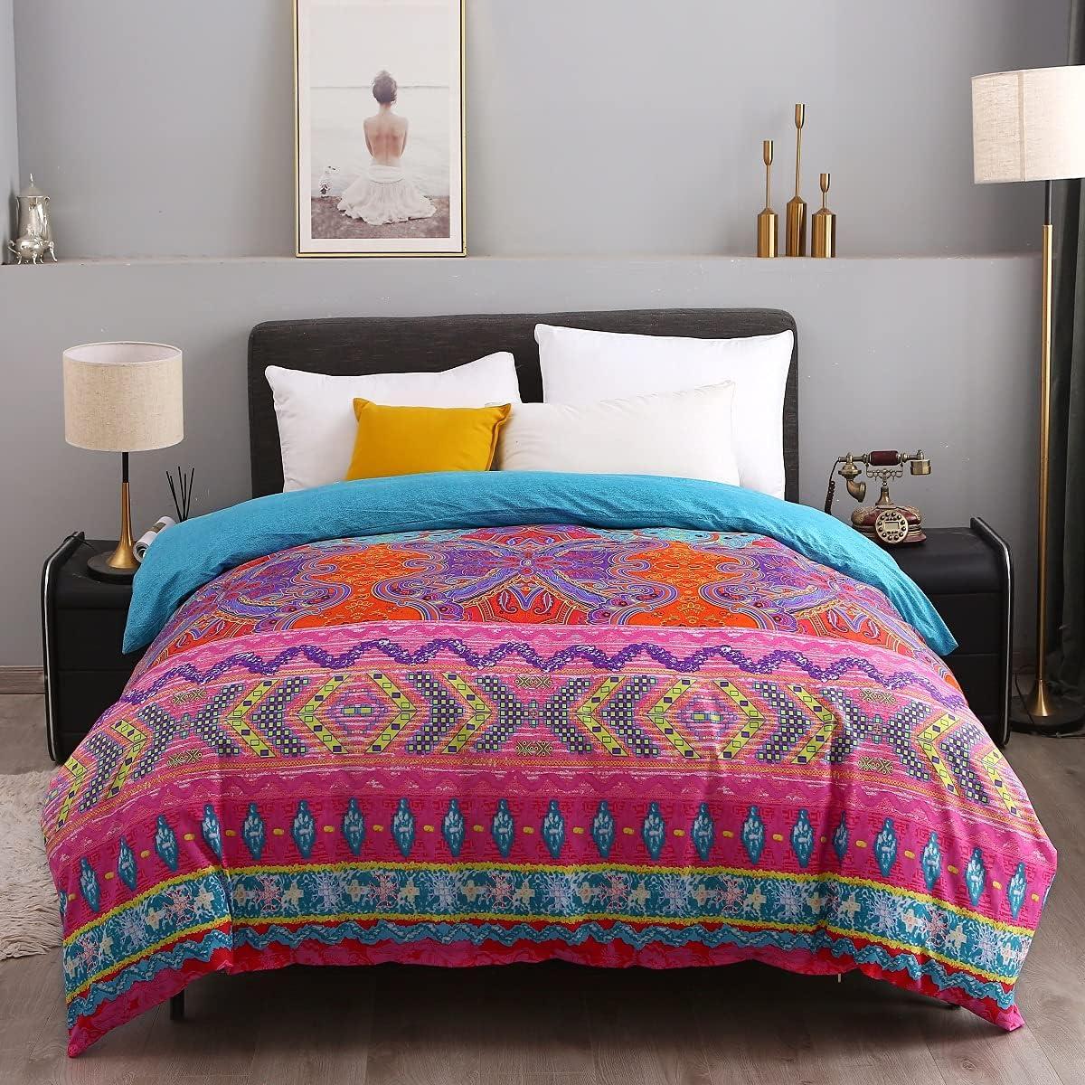 Bohemian Red and Blue Microfiber Queen Duvet Cover Set