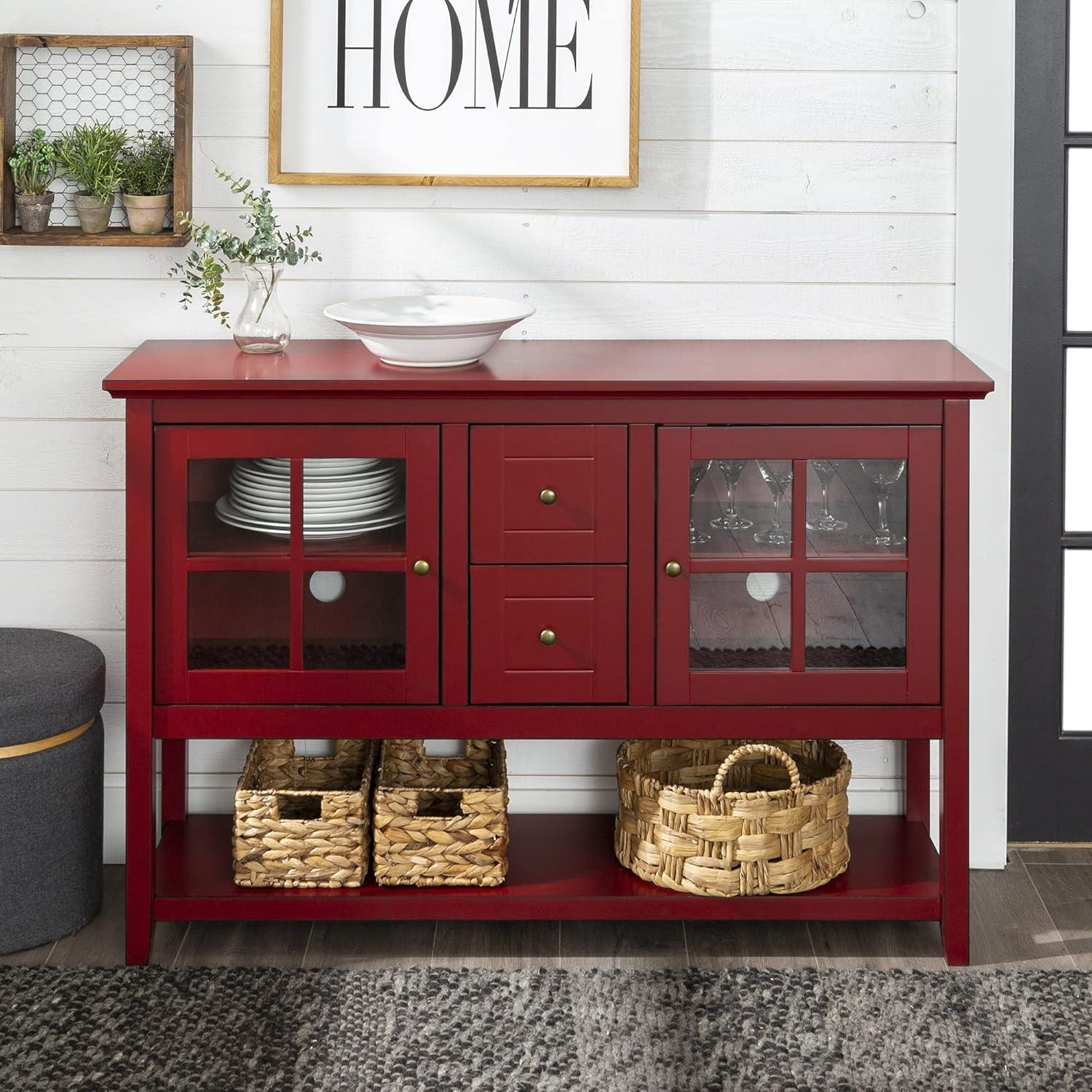 Antique Red Farmhouse Console with Glass Doors and Storage