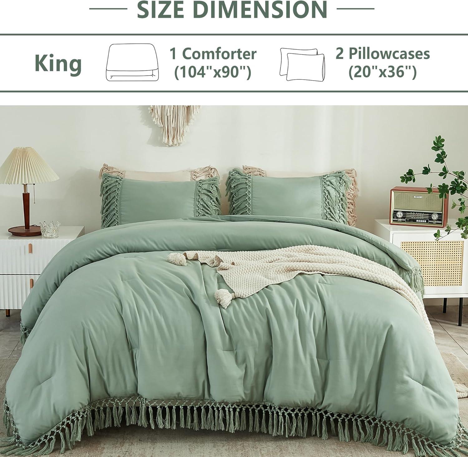 Sage Green King Microfiber Boho Tassel Comforter Set