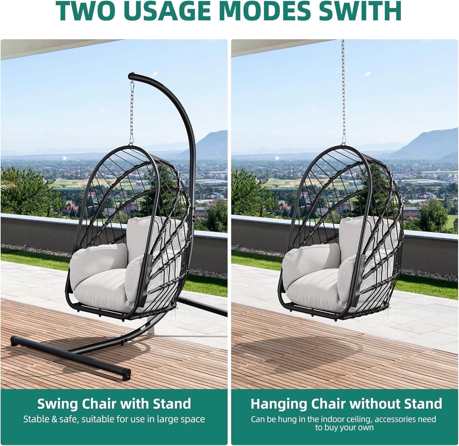 YITAHOME Hanging Egg Chair with Stand, Rattan Wicker Swing Egg Chair with Resistant Cushion, 370lbs Capacity, Foldable Hanging Basket Chair for Porch, Garden, Bedroom, Balcony - Grey