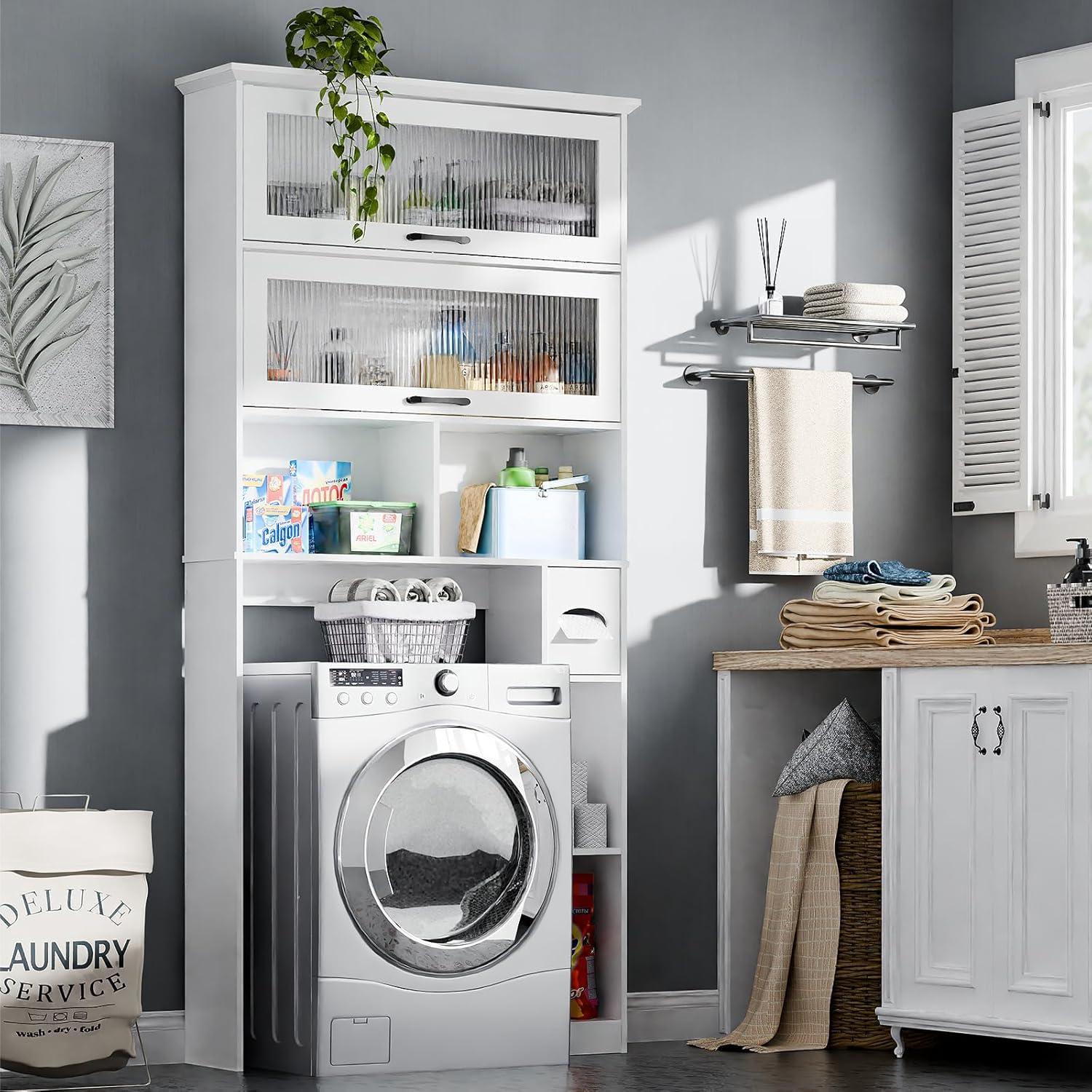 Over The Toilet Storage Cabinet with Transparent Door, Toilet Paper Storage Cabinet with Multi Layer Shelves Suitable for Bathroom, Laundry Room, Freestanding Bathroom Storage Rack,White