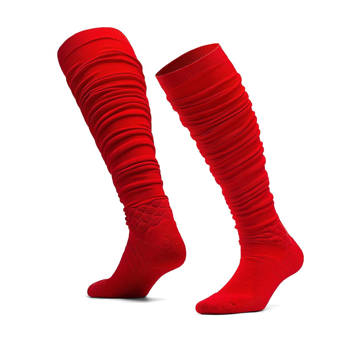 We Ball Sports Scrunch Football Socks, Extra Long Padded Sports Socks for Men & Boys (Red, L)