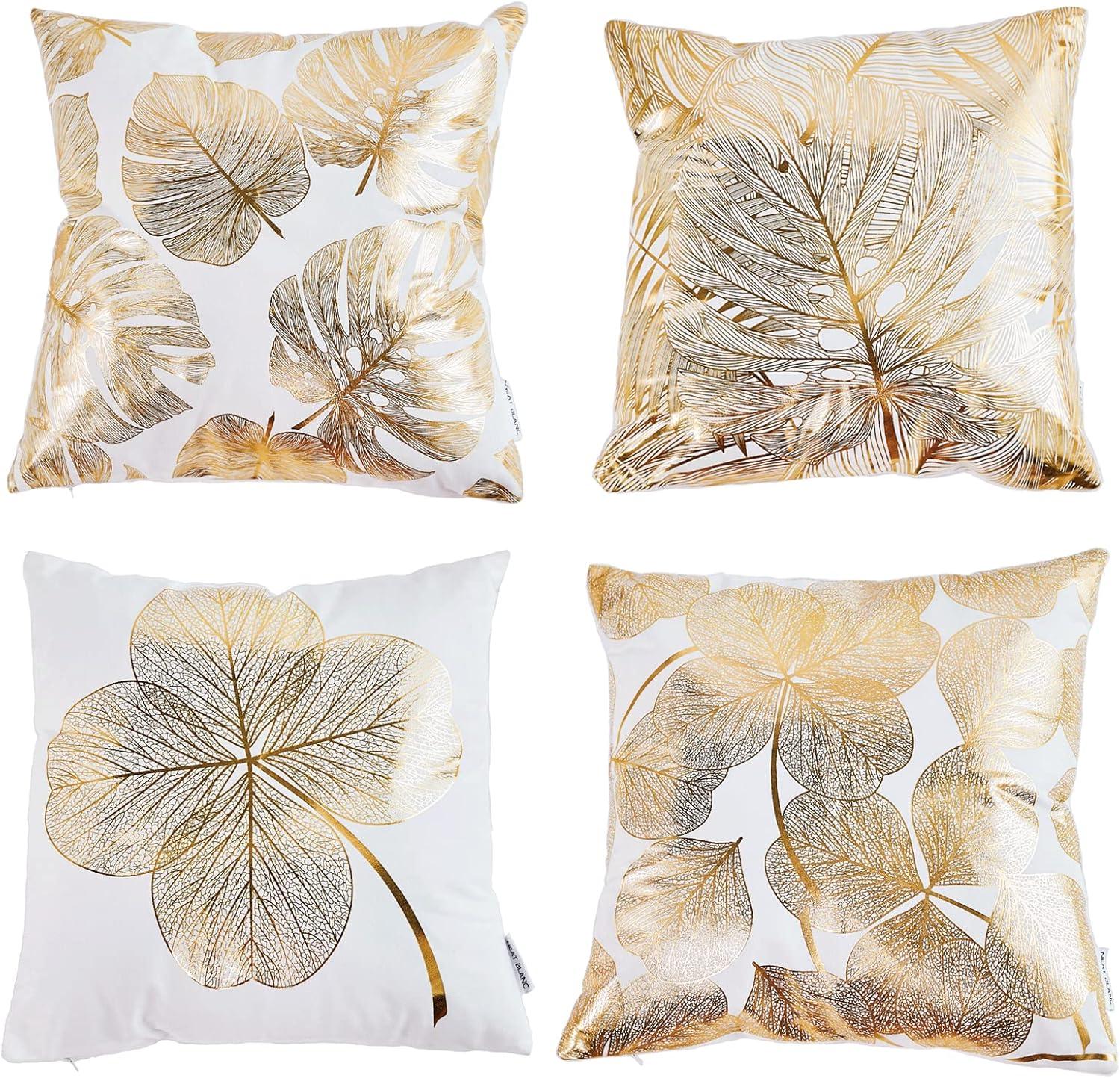 Pack of 4 Decorative Throw Pillow Case Cushion Cover Gold Stamping Leaves 18 x 18 inches 45 x 45 cm for Couch Bedroom Car