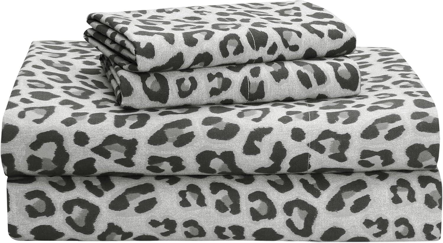 Sleepdown 100% Cotton Full Size Bed Sheets Set with Deep Pockets, Cozy Percale sheets with Elastic Fitted Sheet Set Ultra Soft Cooling Sheets - 4 Piece Bedding and Pillowcase set, Leopard Grey