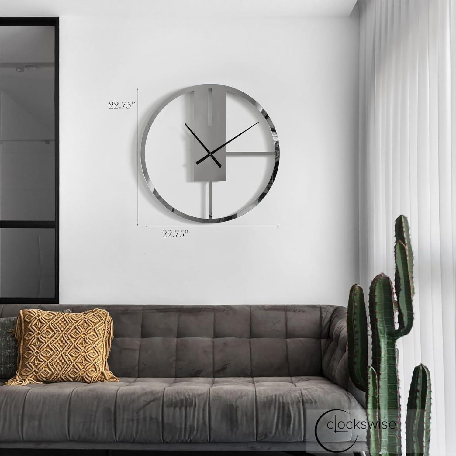 Clockswise Modern Round Big Wall Clock with Mirror Face, Decorative Silver Metal 22.75” oversized timepiece, Hanging Supplies Included