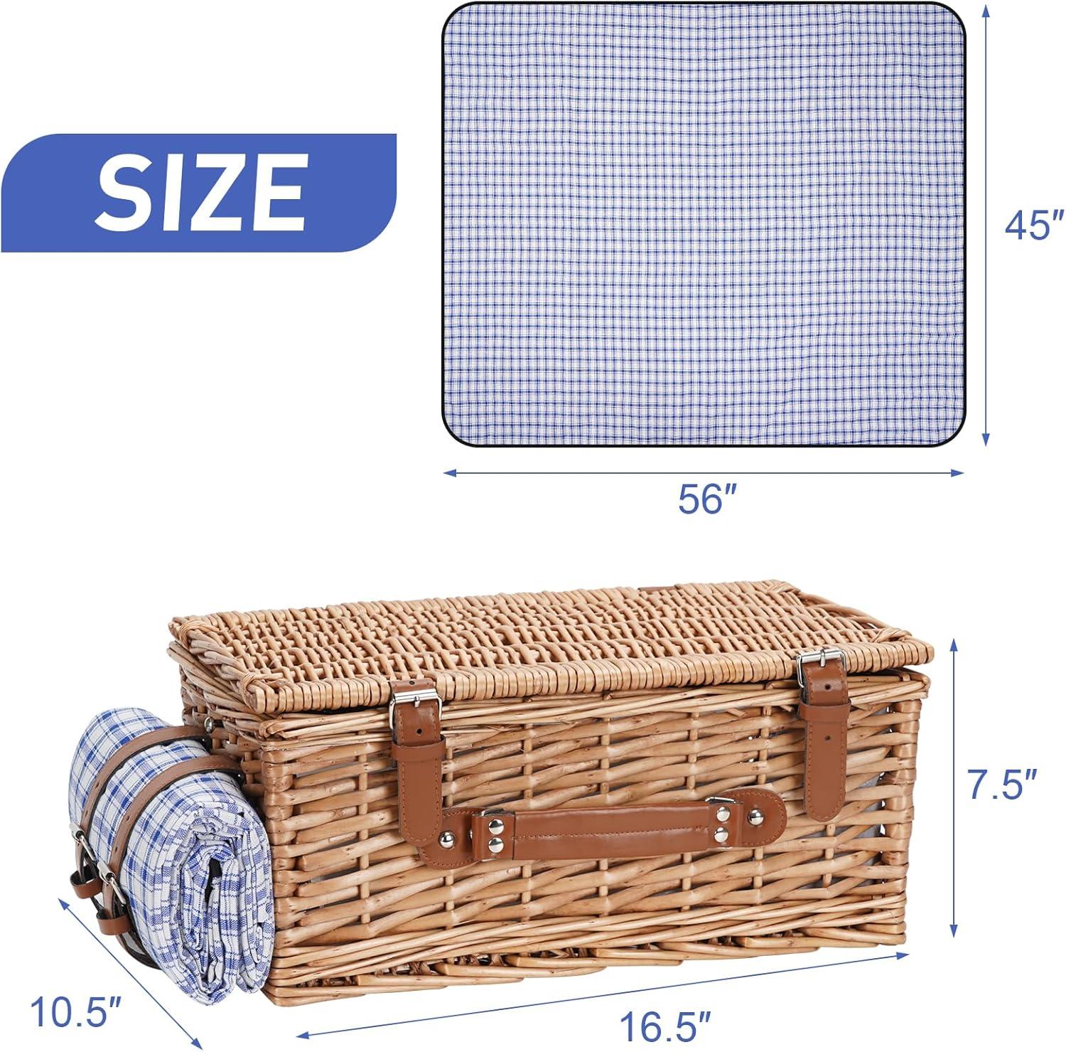 Wicker Picnic Basket Set for 2 Persons with Waterproof Picnic Blanket and Large Insulated Cooler Compartment, Willow Picnic Hamper Basket with Cutlery Service Kits for Camping, Wedding (Red)