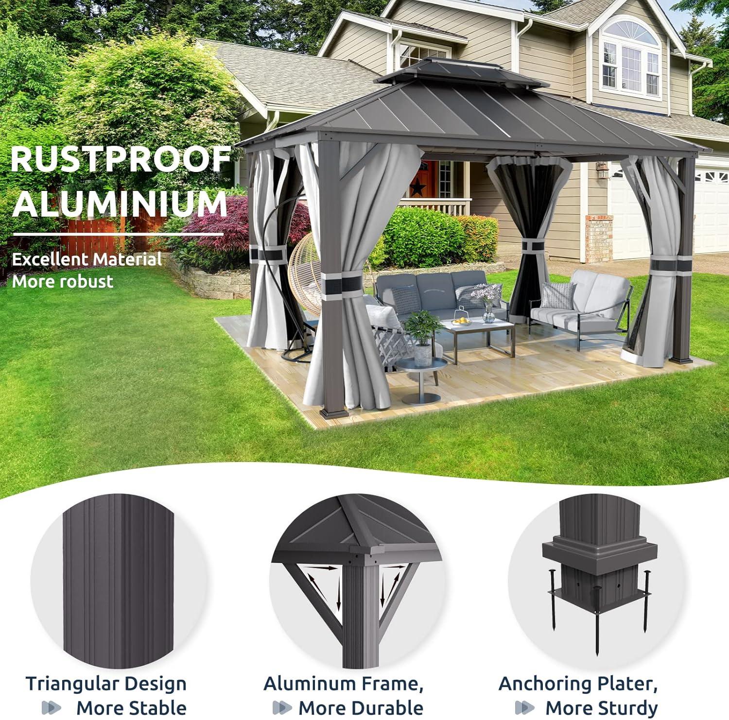 JolyDale 10' x 12' Hardtop Gazebo, Aluminum Frame Permanent Pavilion Double Galvanized Metal Roof with Curtains and Hooks for Garden, Patio, Backyard, Gray