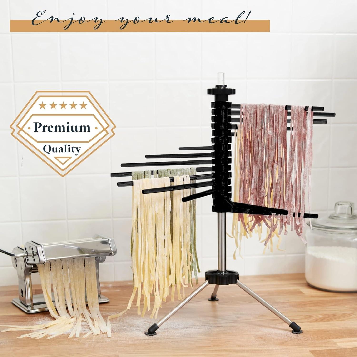 GOURMERO by PAGILO Pasta Dryer for up to 2 kg Pasta, 14 Extendable Rungs, Integrated Transport Rod, Foldable - Spaghetti Dryer, Pasta Dryer C38