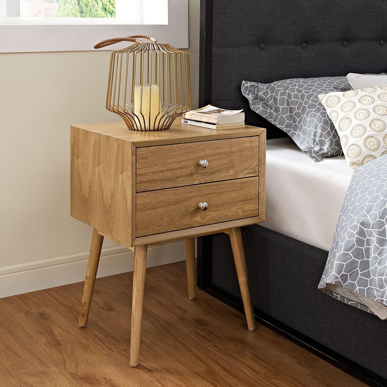 Mid-Century Modern Natural 2-Drawer Nightstand with Polished Metal Knobs