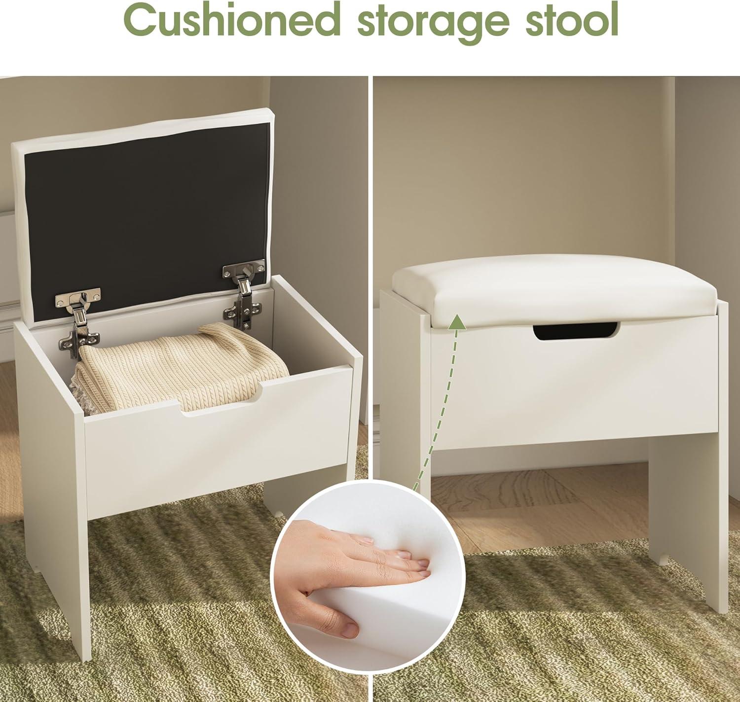 Vabches Small Vanity Desk with Mirror and Lights, Makeup Vanity with Storage Chair & Power Strip,Girl Dressing Table Set with Drawer for Bedroom,3 Lighting Modes,Brightness Adjustable,White