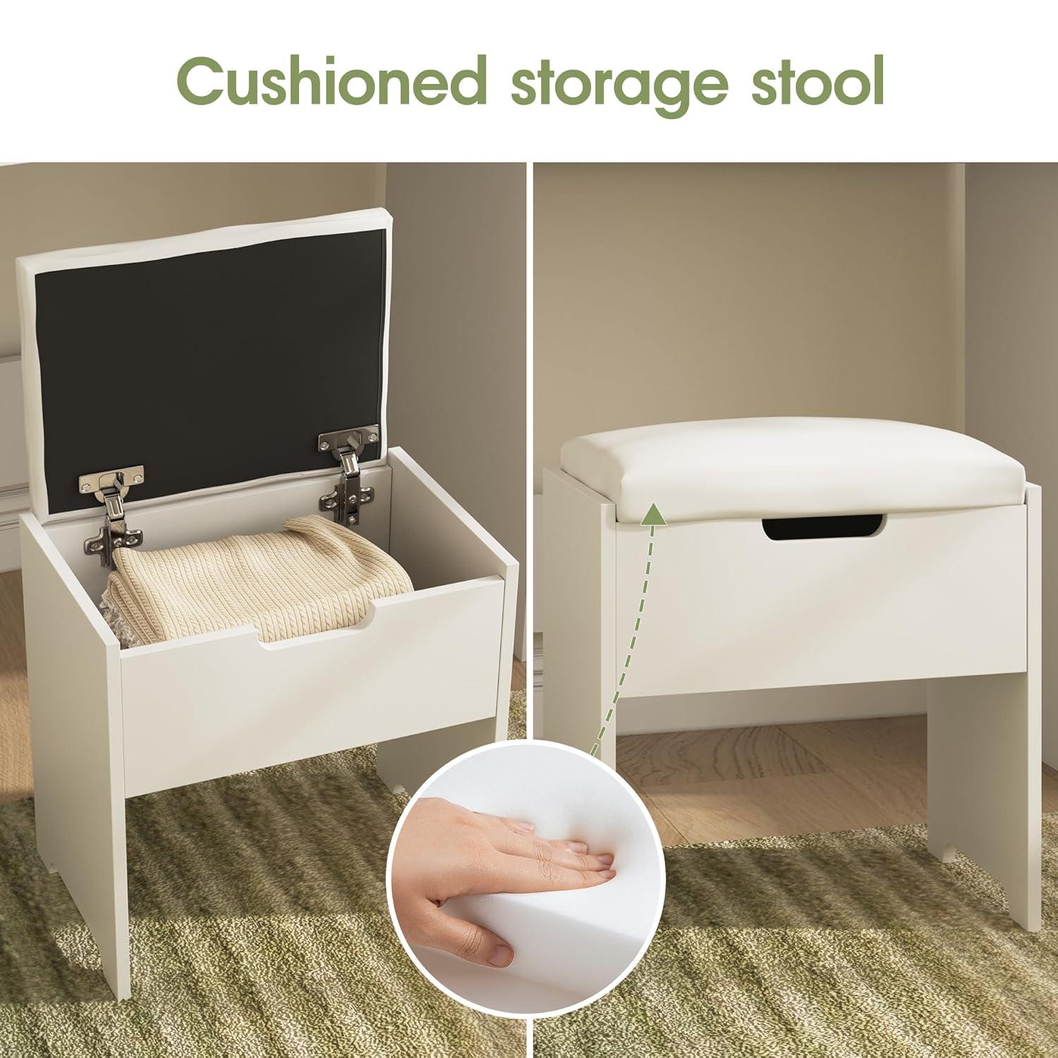 Vabches Small Vanity Desk with Mirror and Lights, Makeup Vanity with Storage Chair & Power Strip,Girl Dressing Table Set with Drawer for Bedroom,3 Lighting Modes,Brightness Adjustable,White