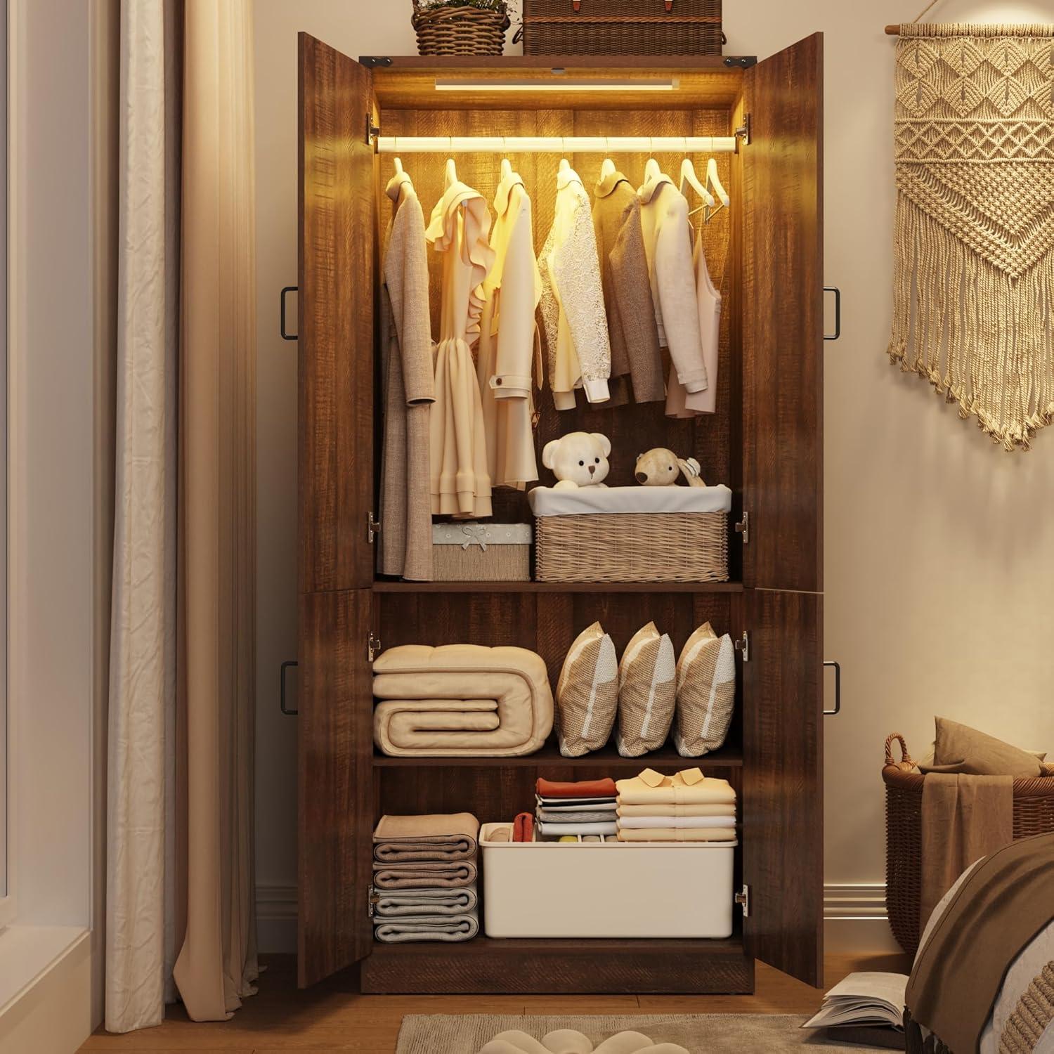 Ivy Bronx 75" Tall Farmhouse 2 Doors Armoire Wardrobe Closet with 3 Drawers and LED,Freestanding Closet