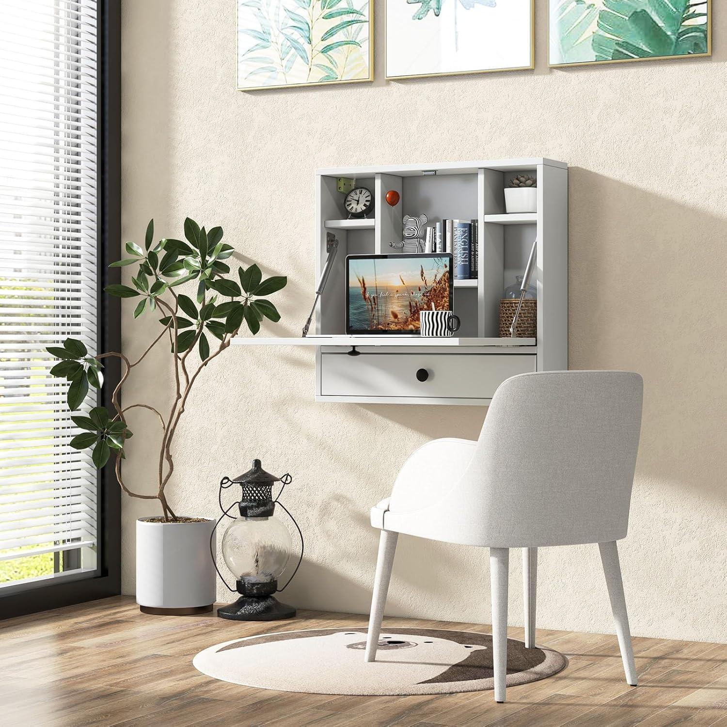 Tangkula Folding Wall Table - Floating Desk with Storage Drawer & Shelves (White)