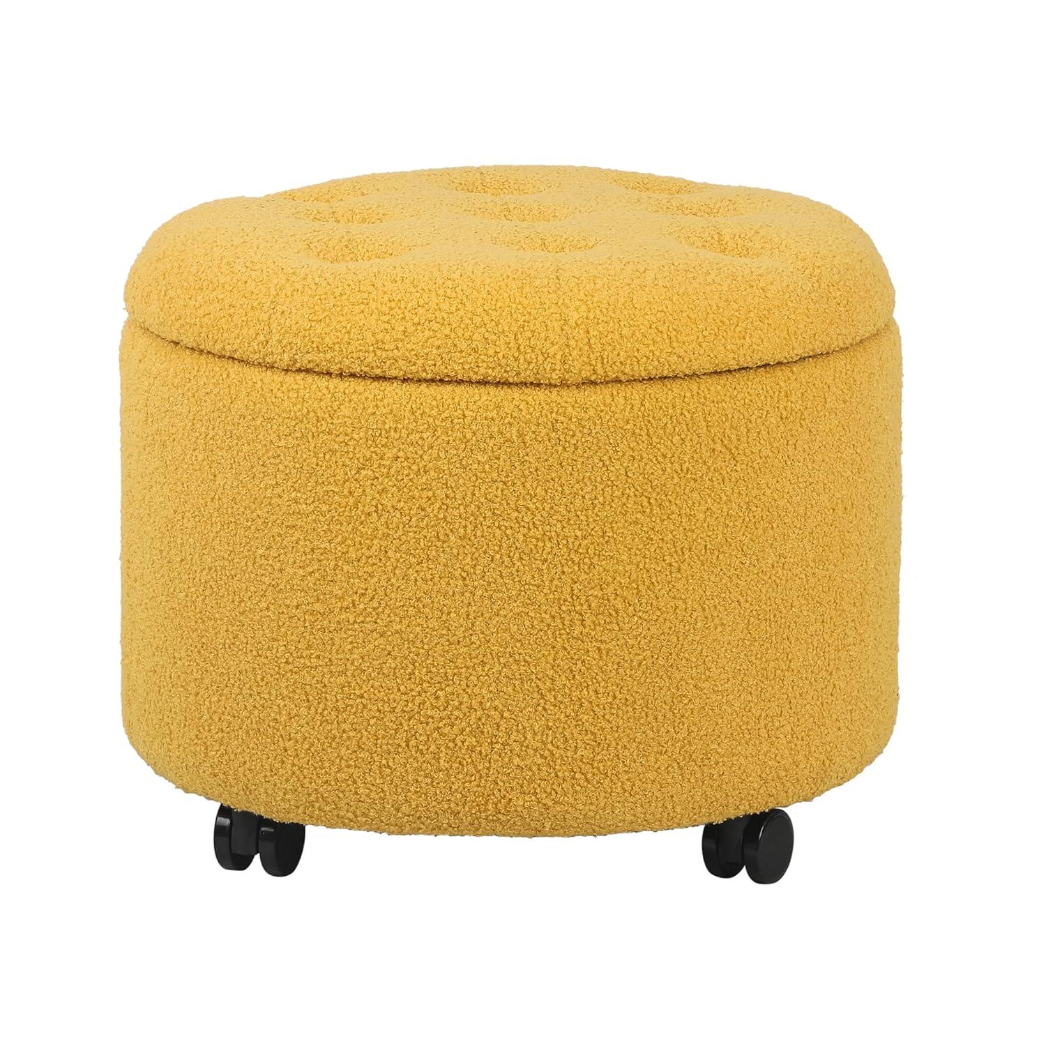 Round Storage Ottoman with Casters, Teddy Velvet Button Tufted Foot Rest Stool for Living Room Bedroom