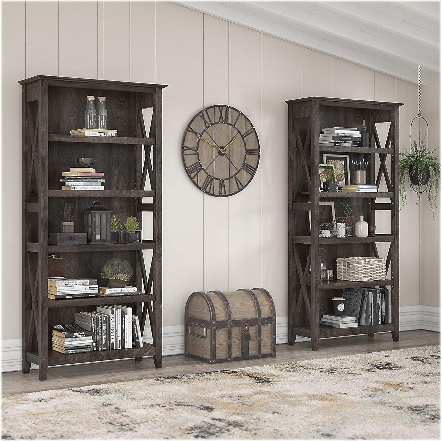 Bowery Hill 5 Shelves Coastal Wood Tall Bookcase in Dark Gray