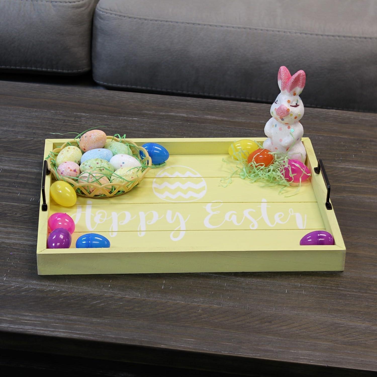 Elegant Designs 15.5" x 12" Decorative Wood Serving Tray, "Hoppy Easter", Yellow Wash