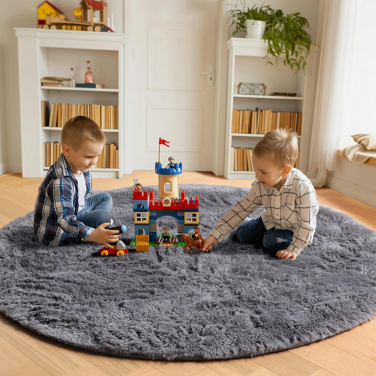 ONASAR Grey Round Area Rug 4ft, Gray Soft Bedroom Circle Throw Rugs for Kids Girls Boys Teen Dorm Room, Fluffy Plush Shaggy Carpet Mats for Nursery Living Room Playroom Home Office Decor Aesthetic