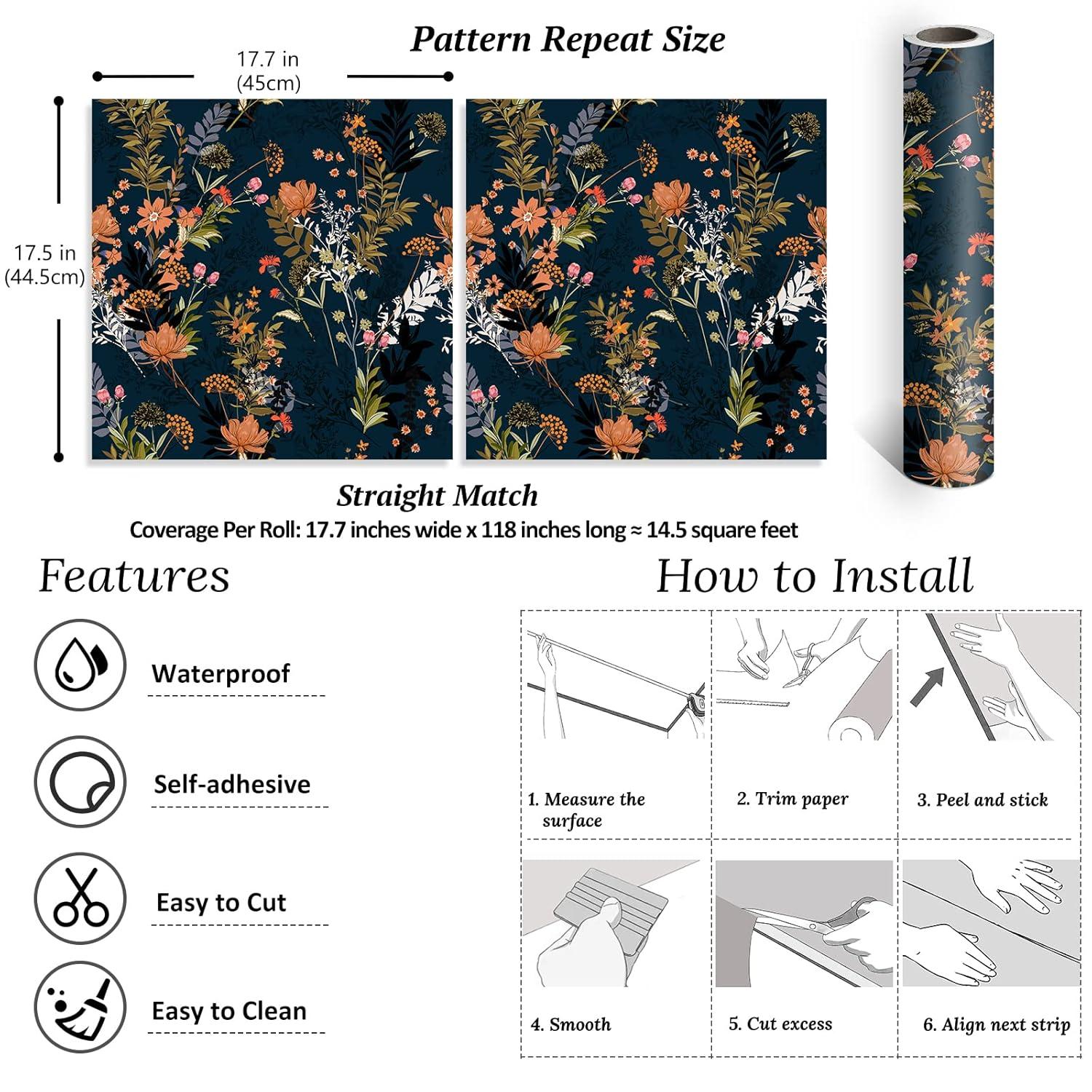 VEELIKE Midnight Blue Meadow Floral Peel and Stick Wallpaper Wildflowers Floral Wallpaper 17.7x354'' Dark Blue Contact Paper for Cabinets Shelves Drawers Removable Wallpaper for Bedroom Bathroom Walls