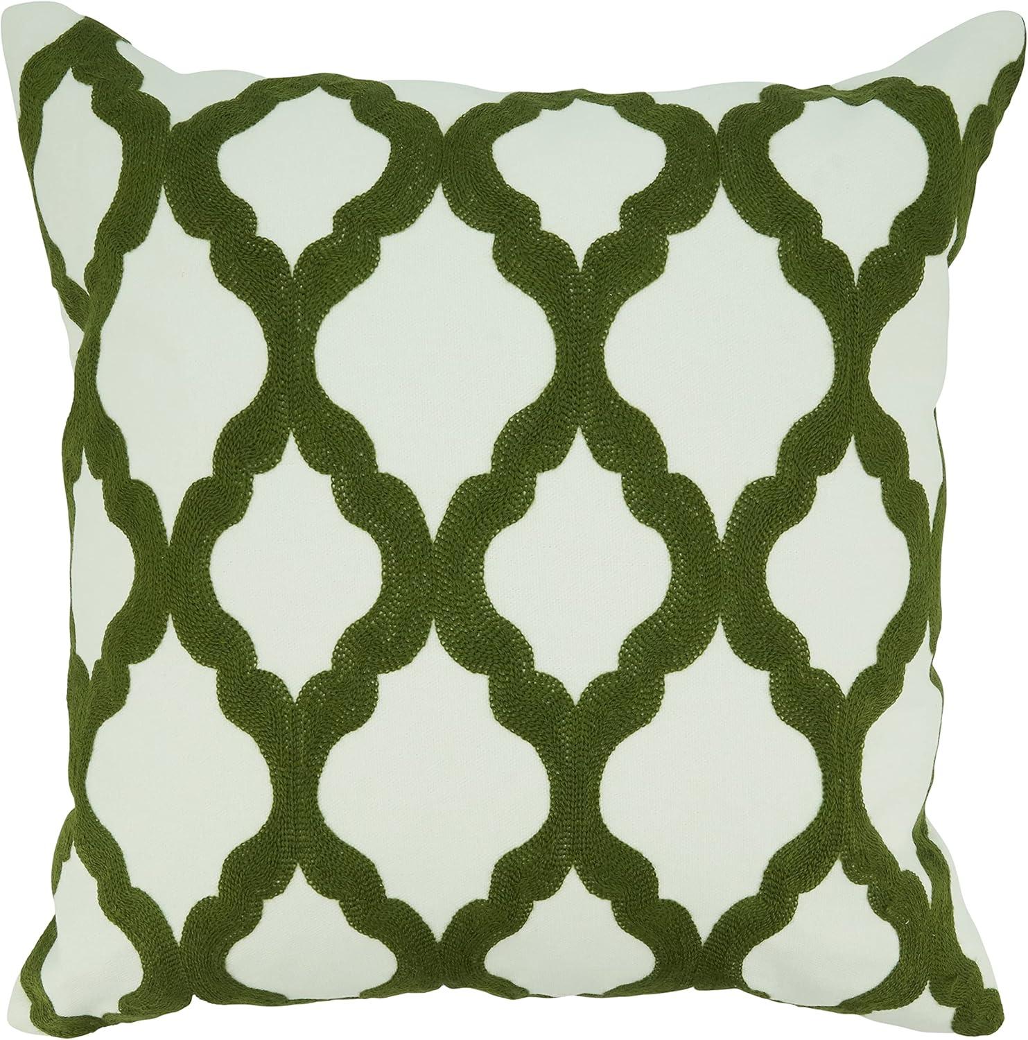 Green and White Cotton Embroidered Square Throw Pillow