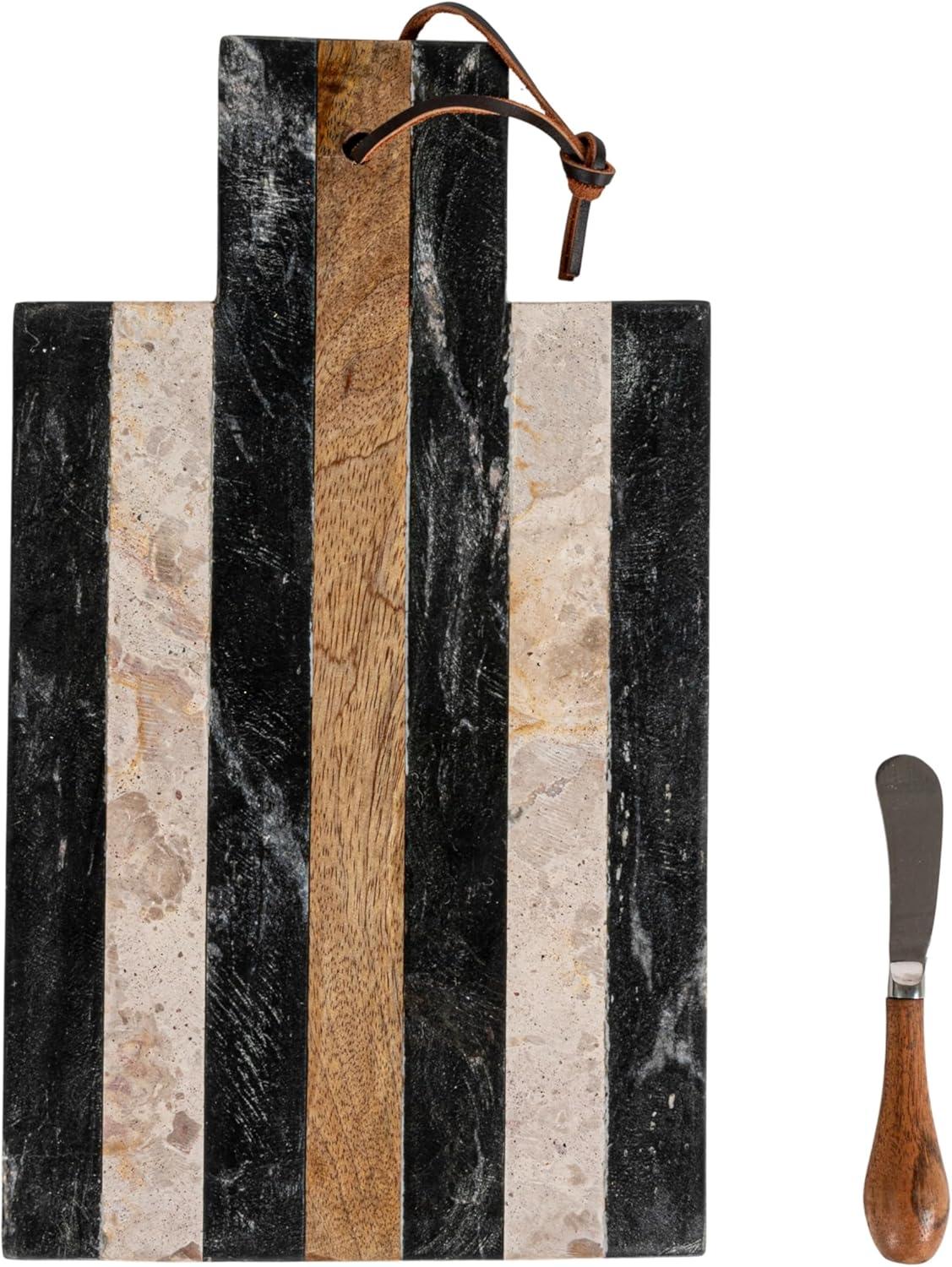 Striped Black and Beige Marble Rectangular Cheese Board Set with Knife