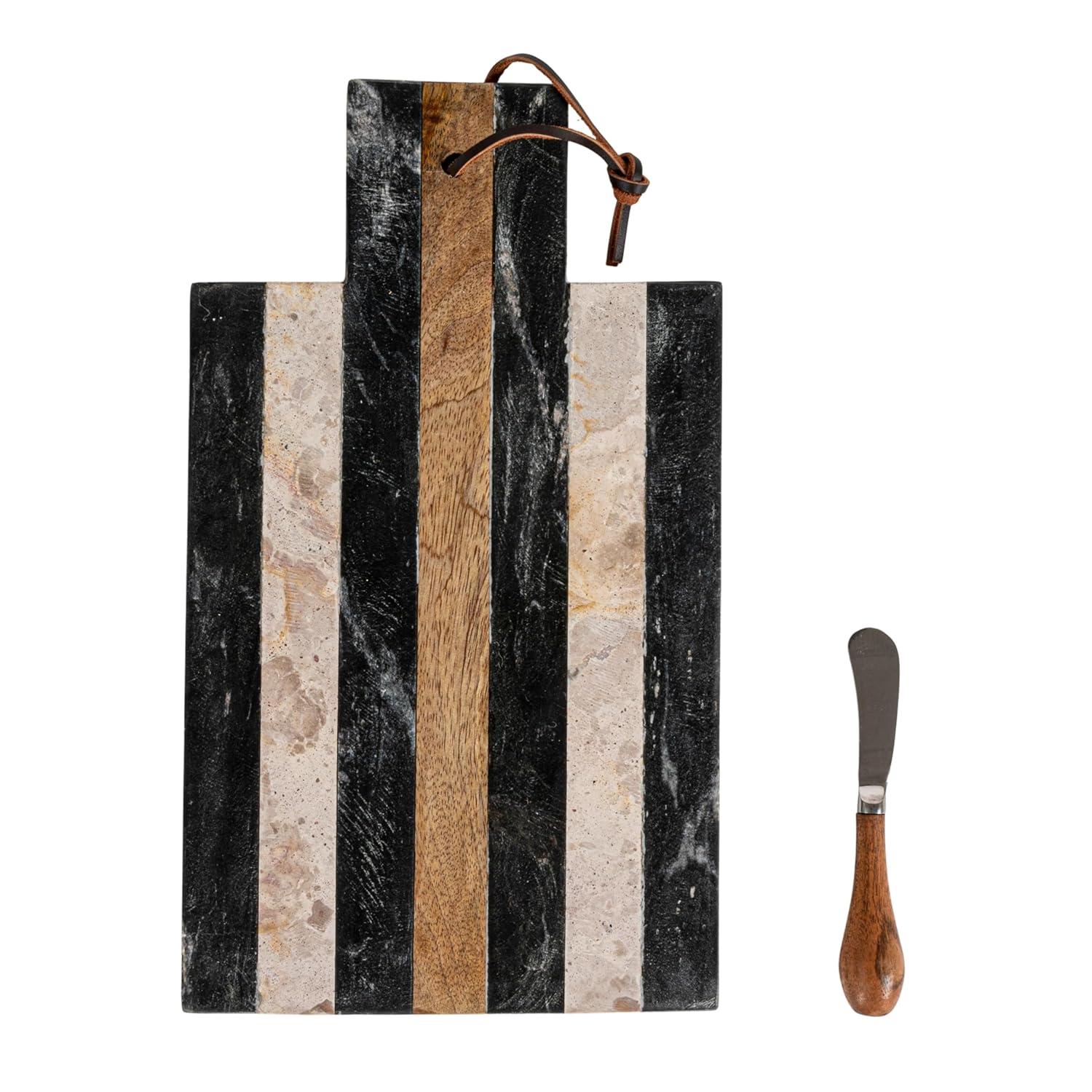 Striped Black and Beige Marble Rectangular Cheese Board Set with Knife