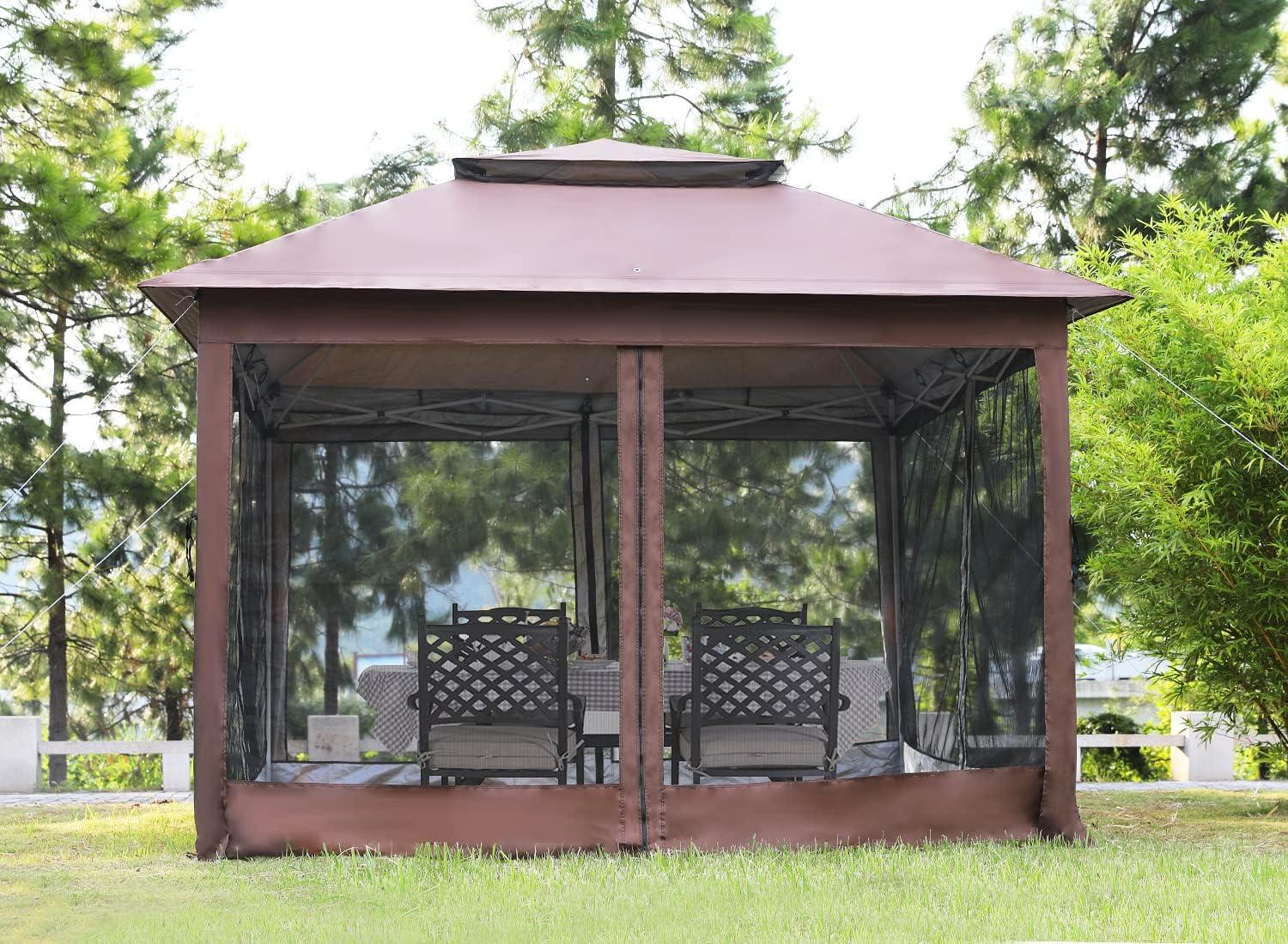 Brown 10'x10' Steel Frame Pop-Up Gazebo with Mosquito Netting