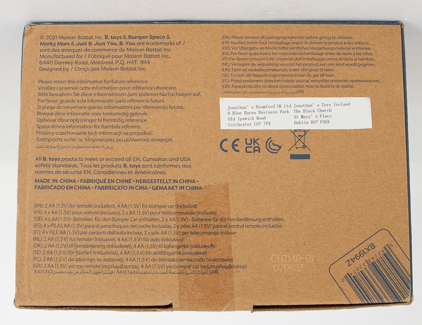 B. toys – Vehicle Bumper Space Car – Light – Up – Simple Remote Control Car for Toddlers with Alien Driver – Marky Mars – 12+ Months