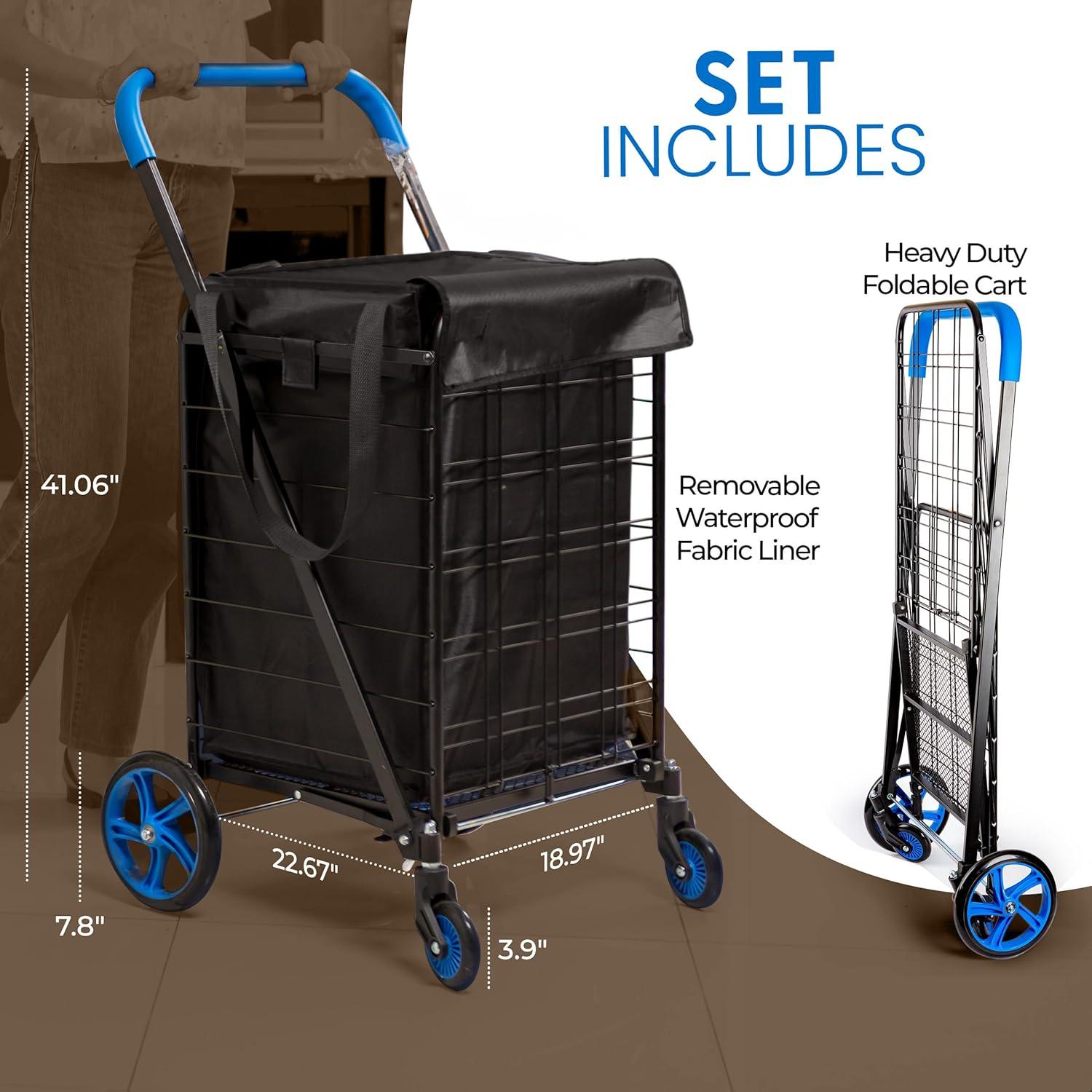 Black and Blue Alloy Steel Folding Utility Cart with Swivel Wheels