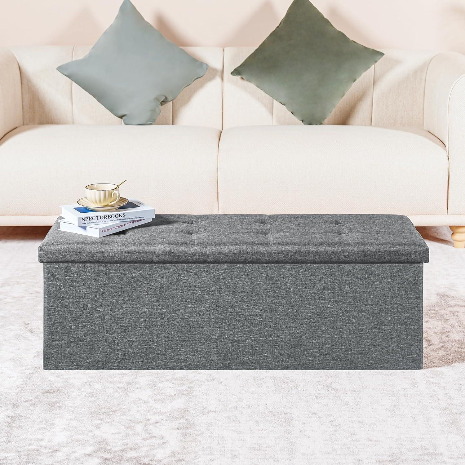 Folding Storage Ottoman Bench, Grey Storage Ottoman with Lid Tray, 30 inches Ottoman Coffee Table Cube Chair Foot Rest Stool Storage Toy Chest for Living Room Bedroom, Holds up to 550 lb