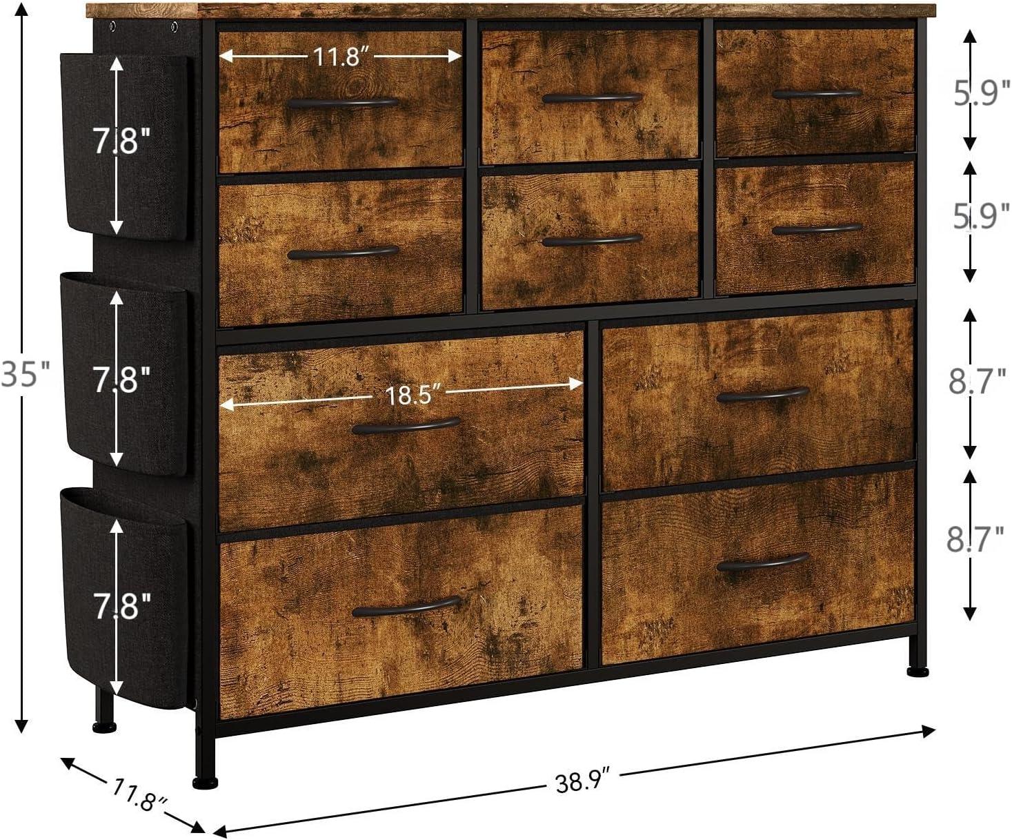 Garvee 10 Drawer Dresser Chest of Drawers for Bedroom Living Room, Fabric Storage Organizer With Wood Top, Side Pockets & Hooks for Entryway, Hallway, Closet, Nursery, Retro Brown