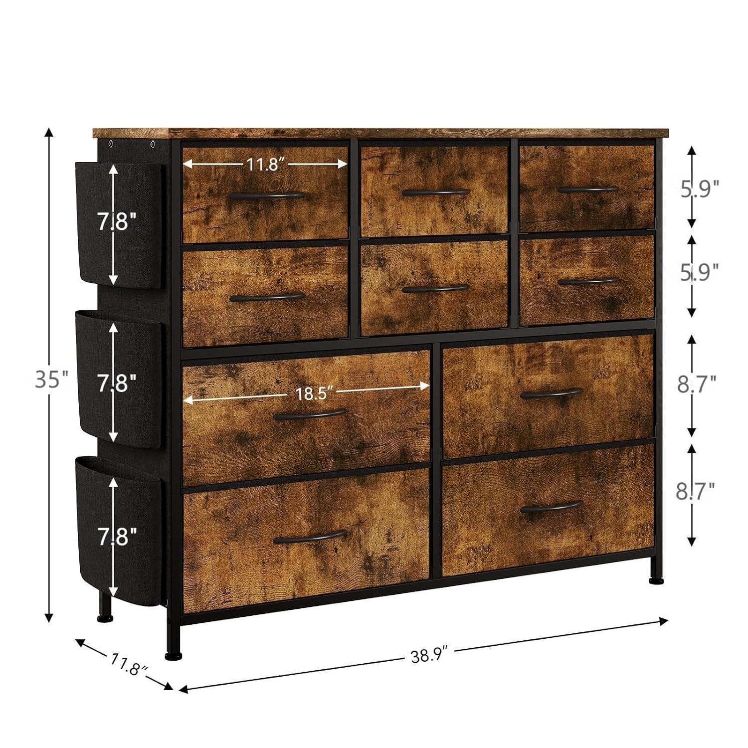 Garvee 10 Drawer Dresser Chest of Drawers for Bedroom Living Room, Fabric Storage Organizer With Wood Top, Side Pockets & Hooks for Entryway, Hallway, Closet, Nursery, Retro Brown