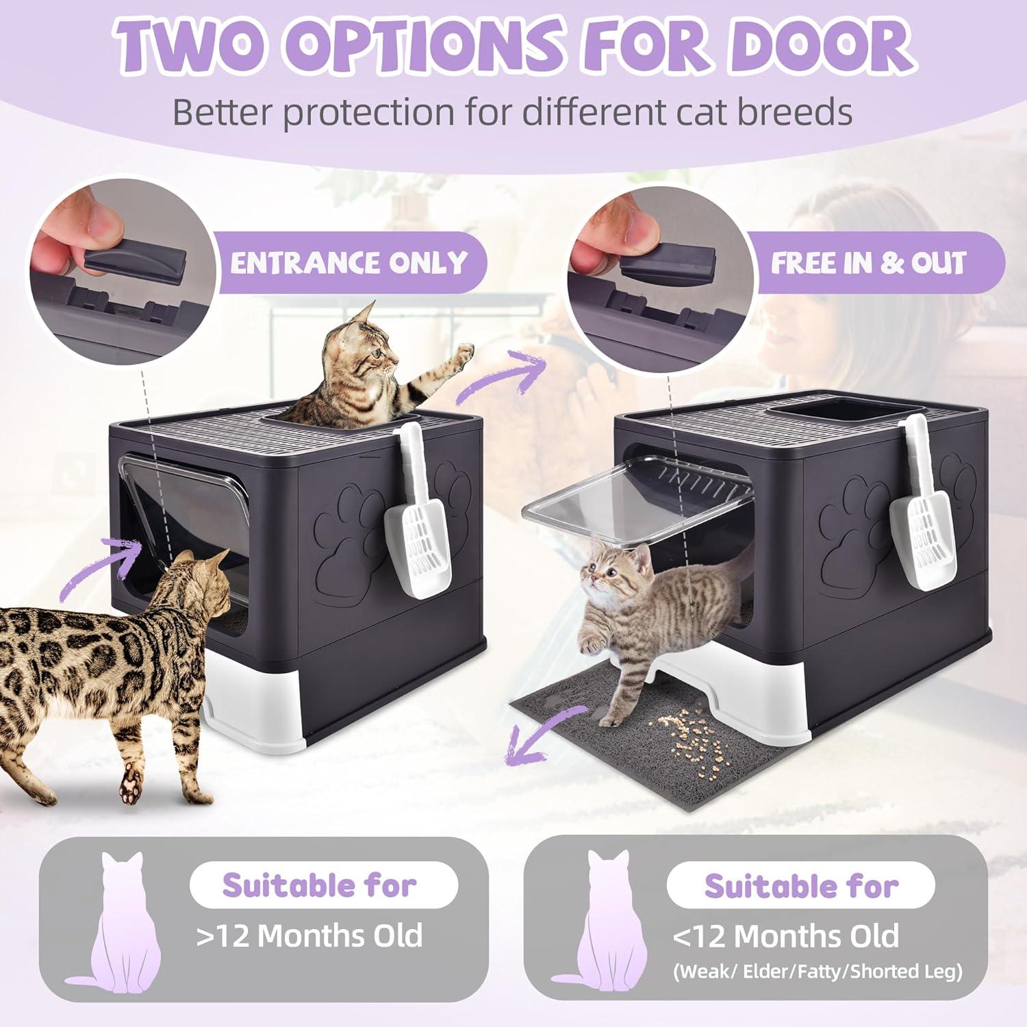 Upgraded Foldable Cat Litter Box with Lid with Adjustable Door Design, Extra Large Covered Litter Box with Cat Litter Scoop, Drawer Type Enclosed Kitty Litter Box Easy Cleaning and Scoop, Purple