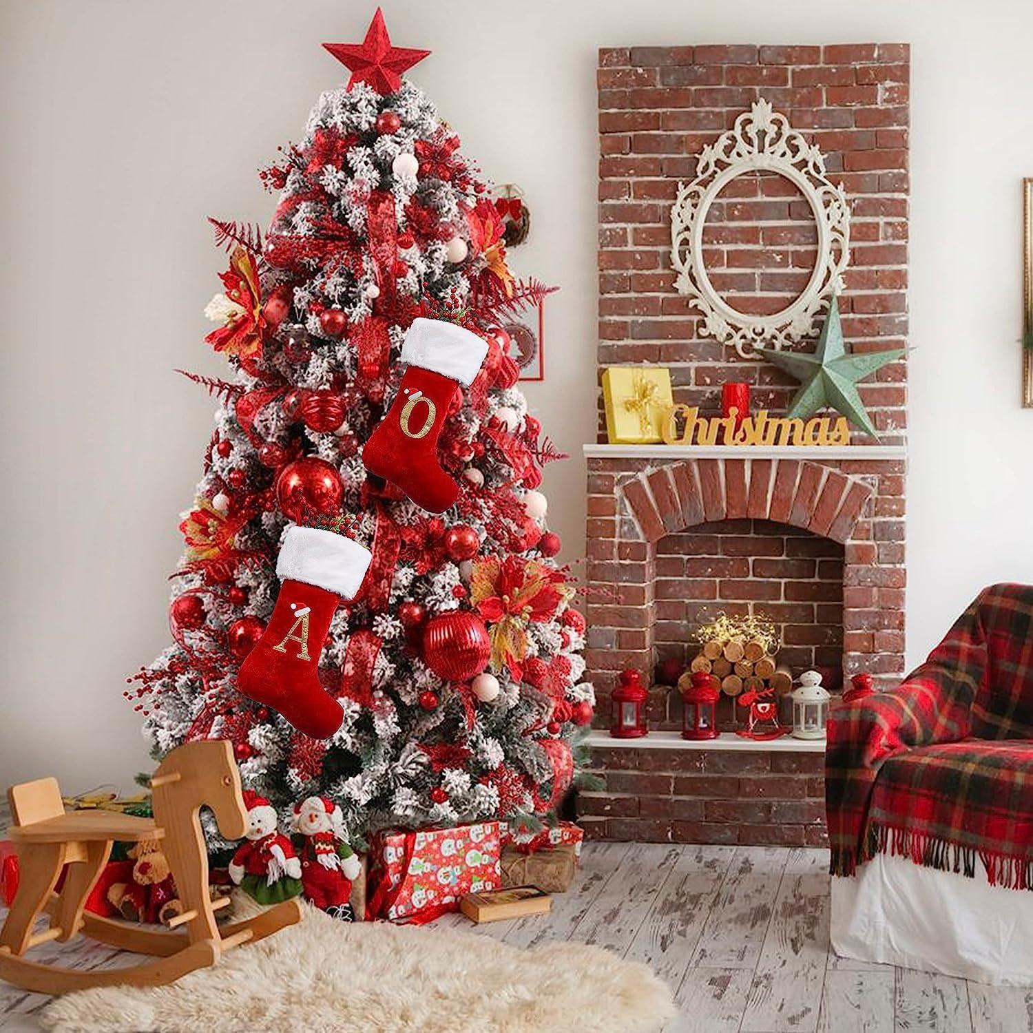 Red Velvet Monogrammed Christmas Stocking with White Cuff