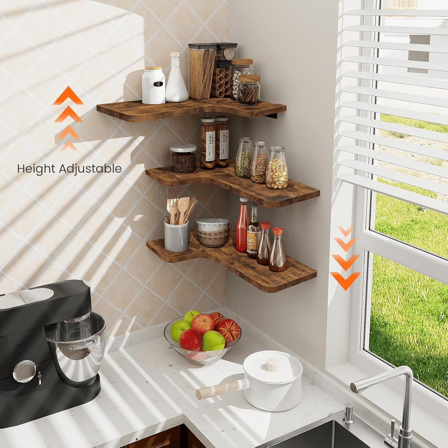 Homode Corner Floating Shelves, Corner Shelves Wall Mounted with Cord Hole, Set of 3 L Shape Wood Wall Storage Shelves for Living Room Bedroom Bathroom Kitchen, Rustic Brown