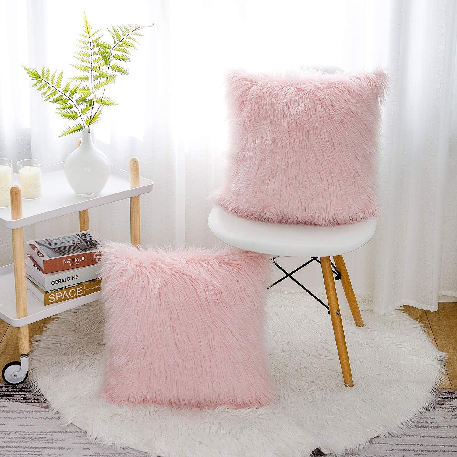 Set of 2 Fluffy Pillow Covers New Luxury Series Merino Style Blush Faux Fur Decorative Throw Pillow Covers Square Fuzzy Cushion Case 18x18 Inch