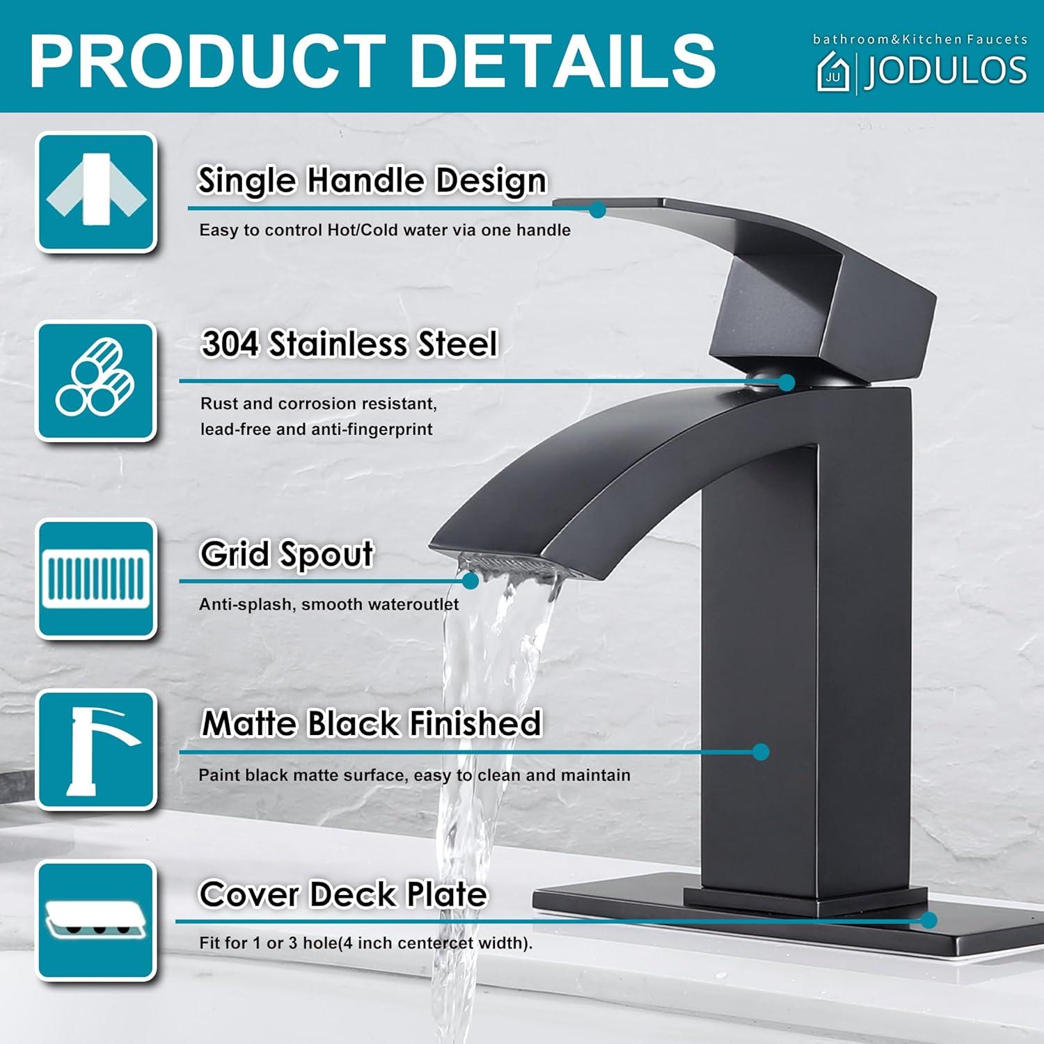 Matte Black Single Handle Waterfall Bathroom Faucet with Pop-Up Drain