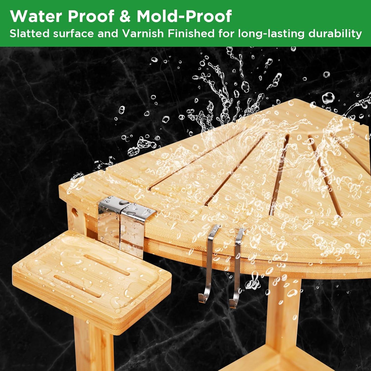 Ollieroo 2-Tier Bamboo Corner Shower Stool for Shaving Legs, Waterproof Bench with Storage Shelf and Soap Dish, Non-Slip Foot Rest (Natural)
