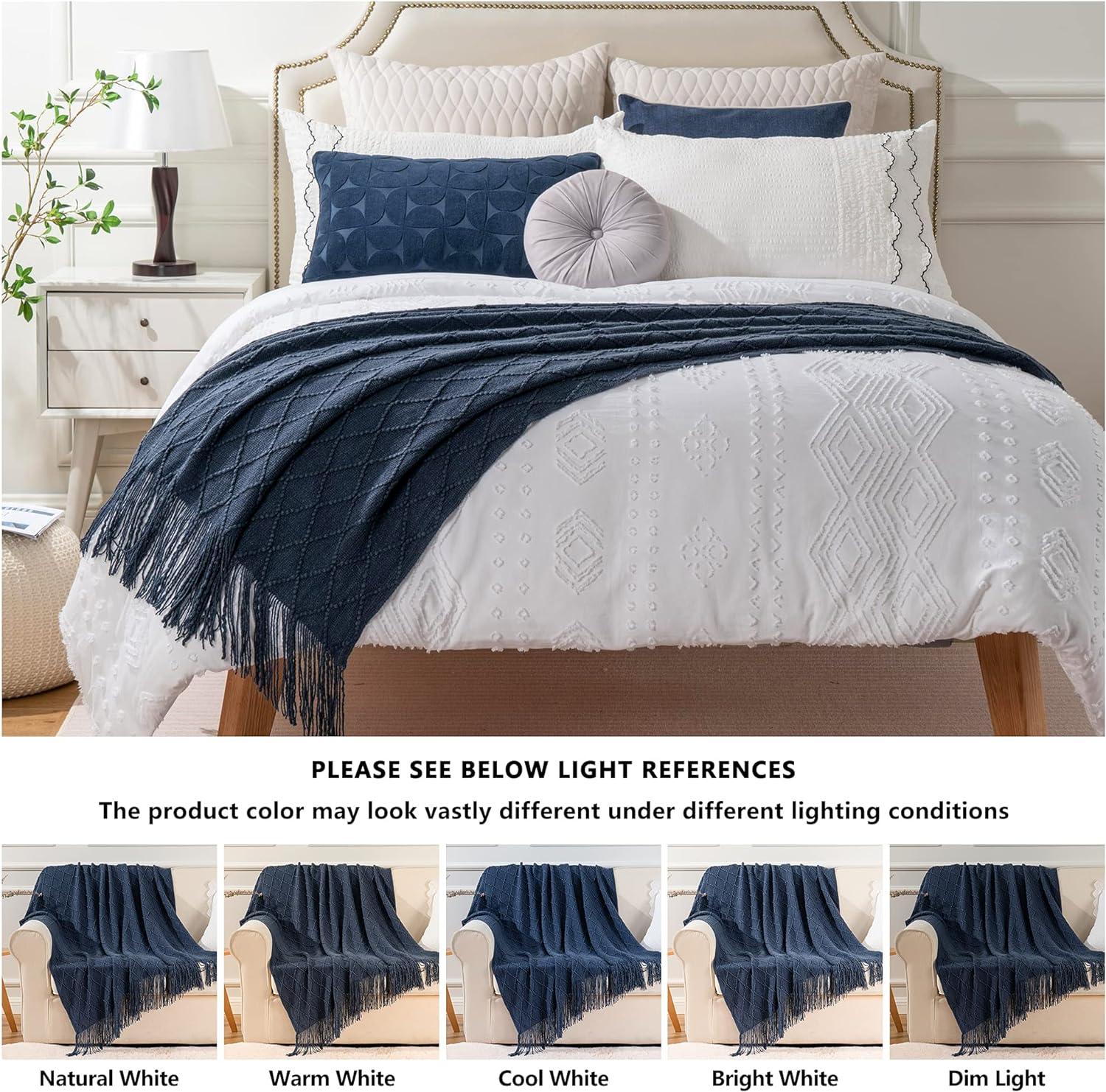 Battilo Navy Throw Blanket,Soft Lightweight Textured Decorative Blanket with Tassel, Housewarming Gifts,50"x60"