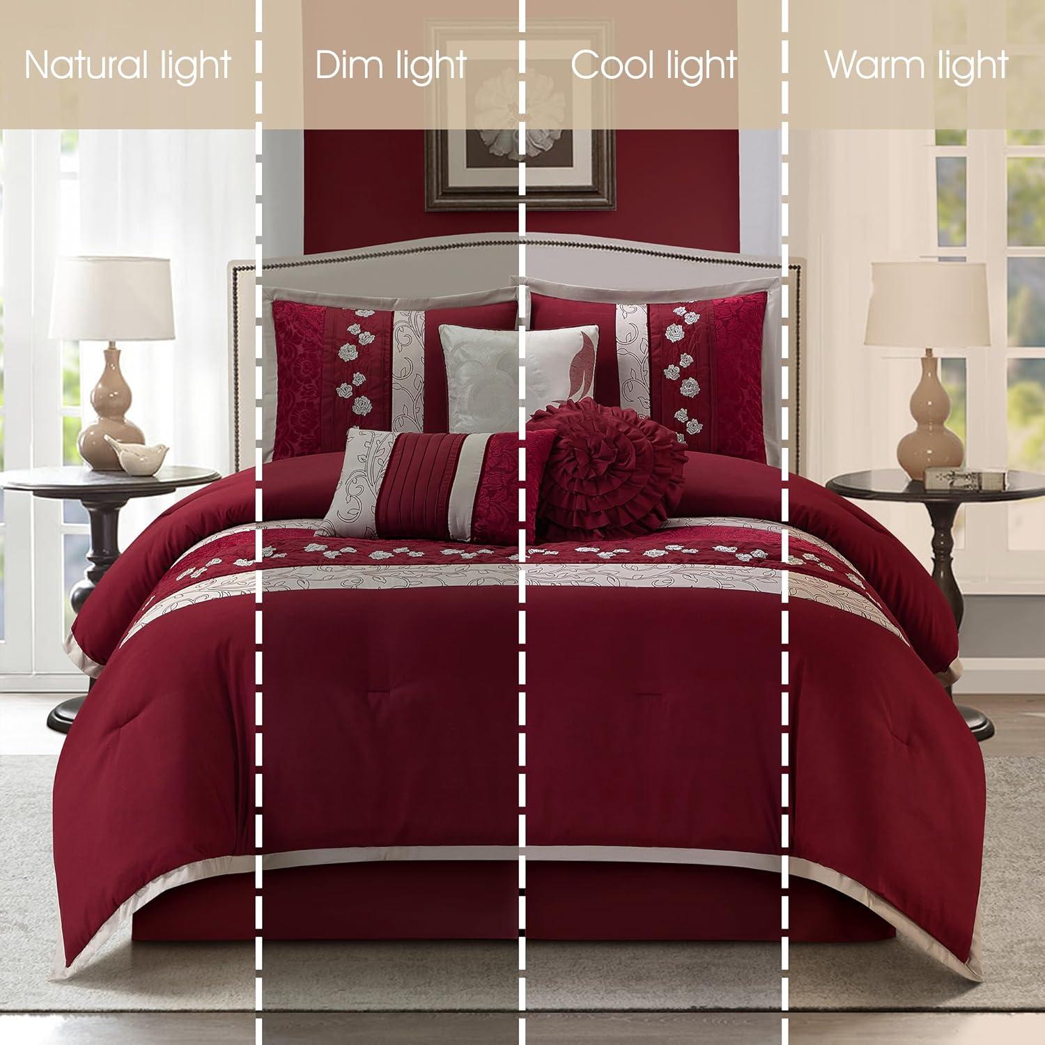 King Size 7 Piece Burgundy Brown Embroidery Soft Bedding Comforter Set