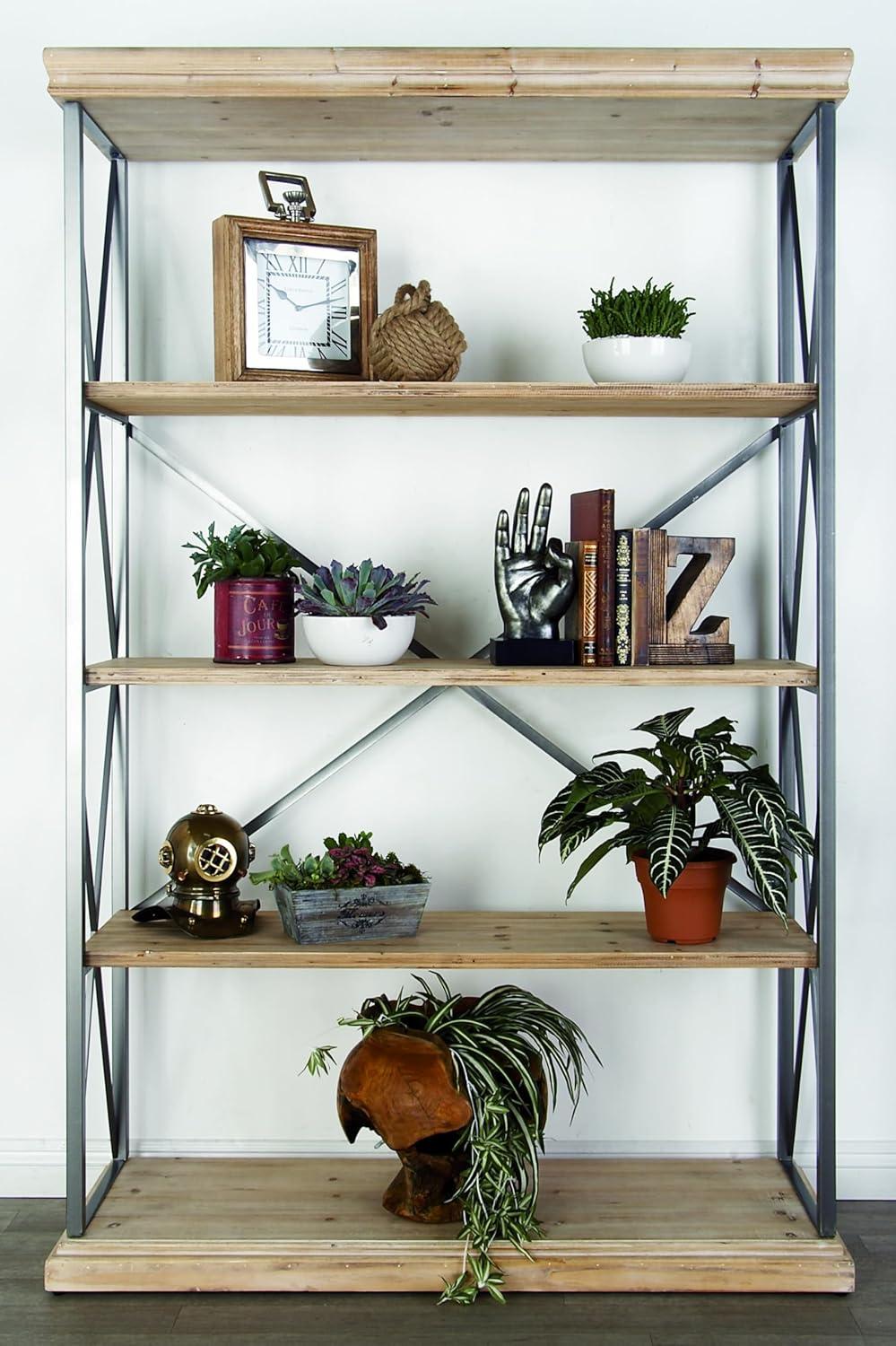 72" Farmhouse 4 Tier Shelf Brown - Olivia & May: Industrial Style Hardwood Bookcase with Storage Bins