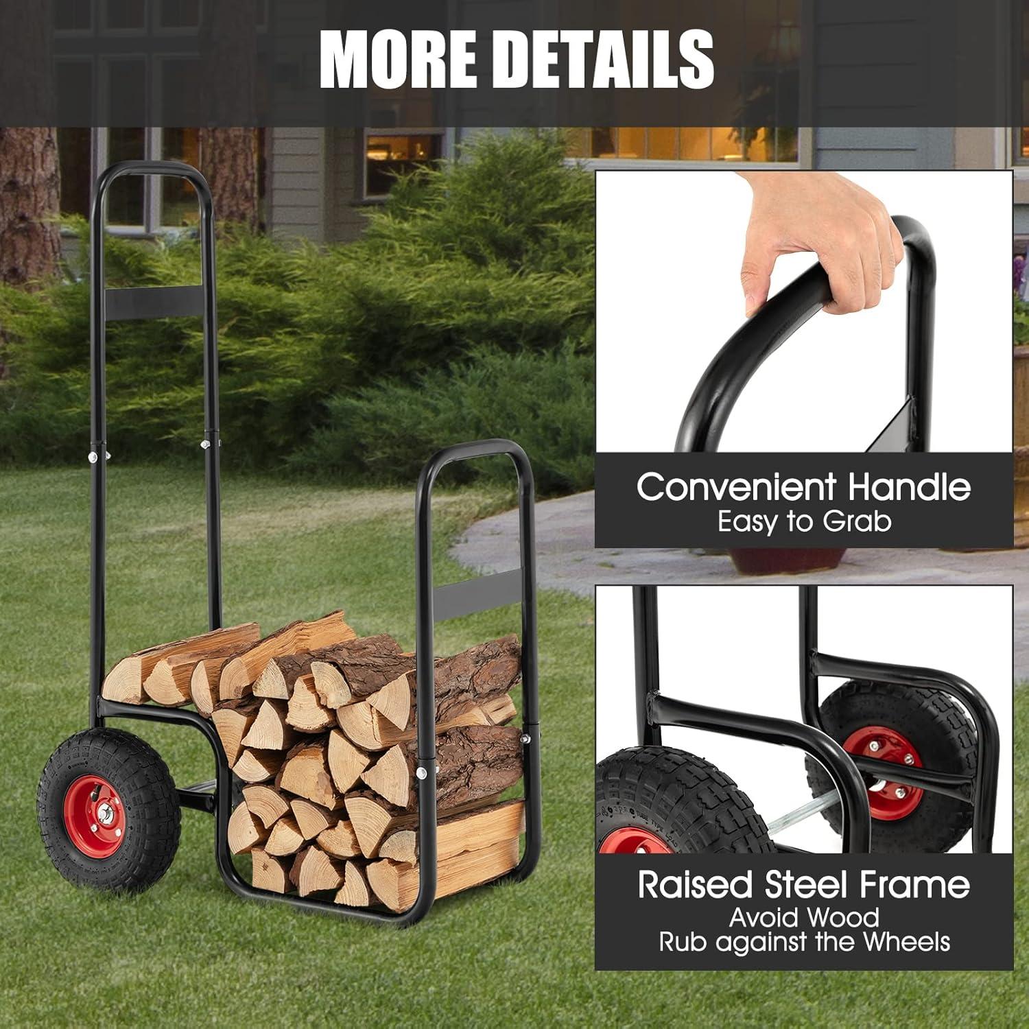 Tangkula Firewood Log Cart Carrier Firewood Cart Wood Hauler with Wear-Resistant and Shockproof Rubber Wheels