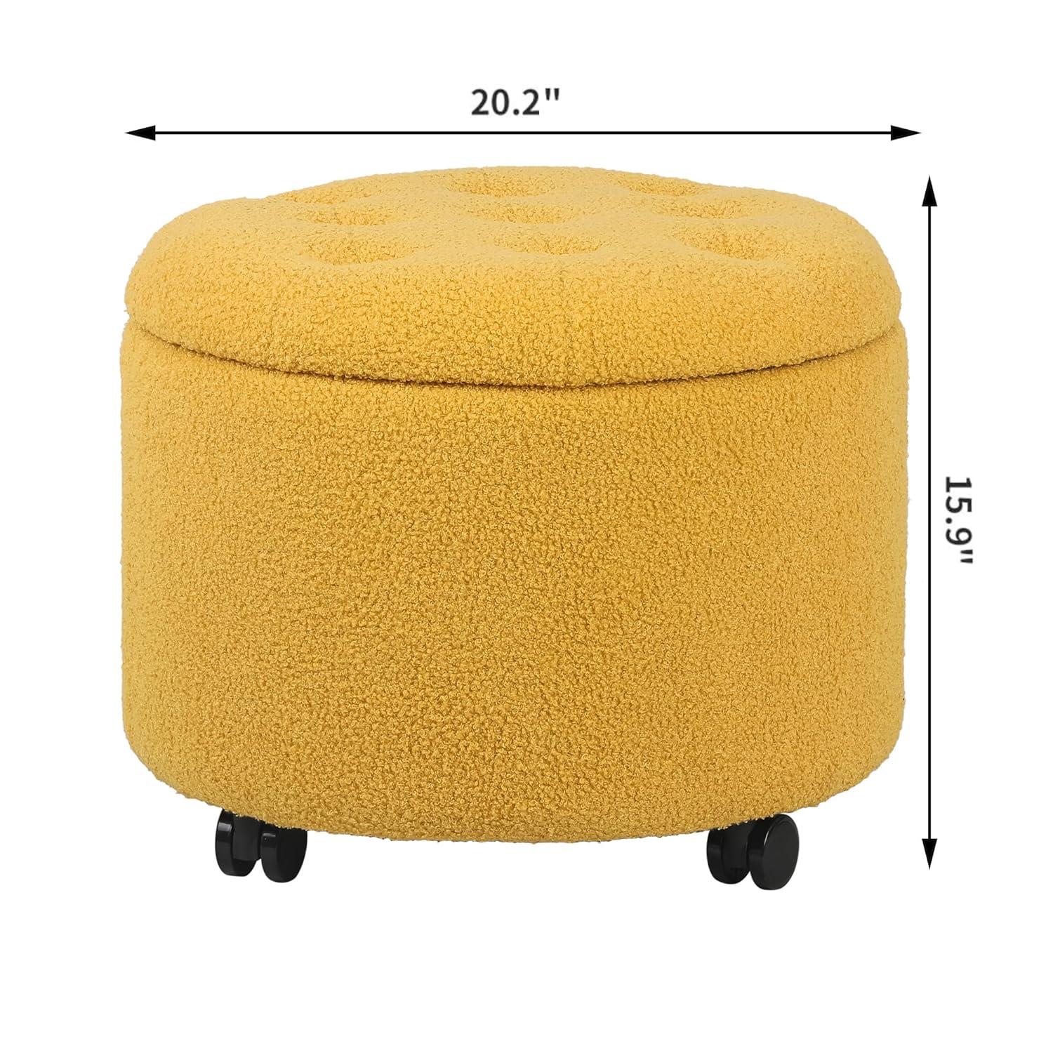Round Storage Ottoman with Casters, Teddy Velvet Button Tufted Foot Rest Stool for Living Room Bedroom
