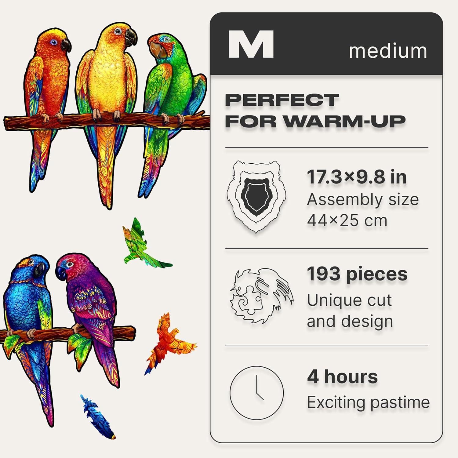 UNIDRAGON Original Wooden Jigsaw Puzzles - Playful Parrots, 104 pcs, Small 13"x7.5", Beautiful Gift Package, Unique Shape Best Gift for Adults and Kids