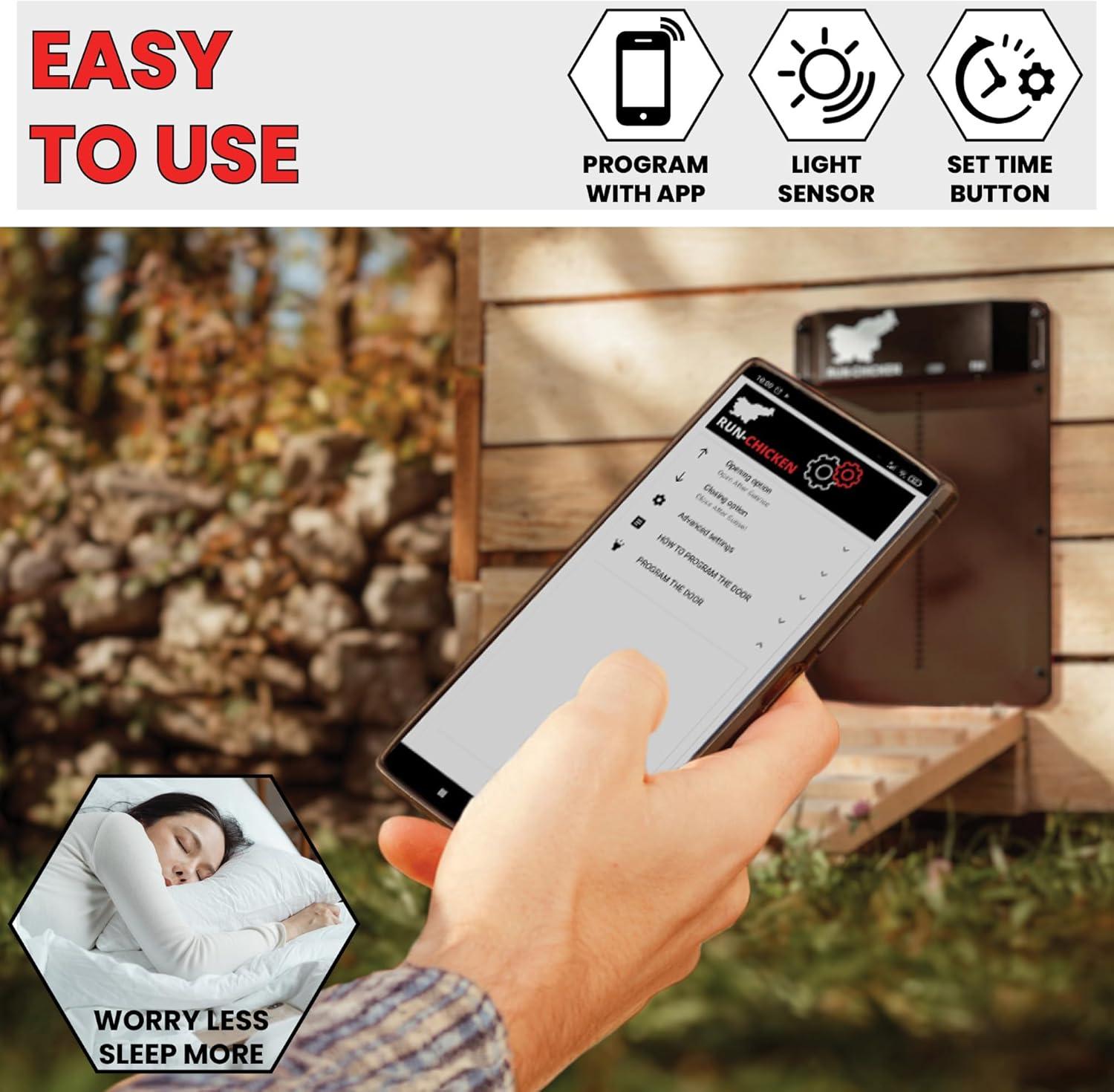 RUN-CHICKEN Door (Brown) Automatic Chicken Coop Door, Programmable with App, Battery Operated, Evening and Morning Delay, Aluminum Door, Electric Chicken Run Door, Model T50