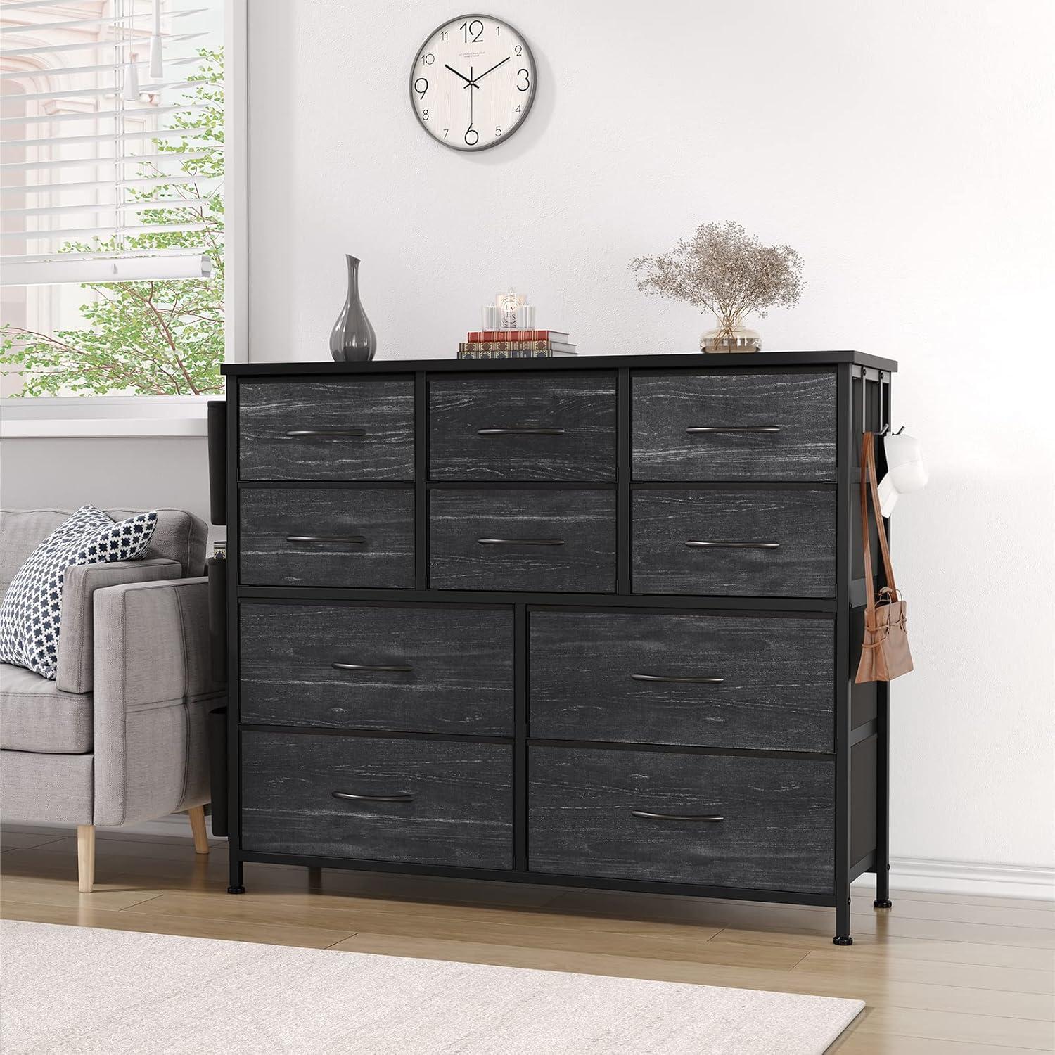 Dresser for Bedroom with 10 Drawers, Dressers & Chest of Drawers, Long Fabric Storage Drawer with Wood Tabletop for Kids Room, Closet, Hallway, Entryway (Graphite Gray)