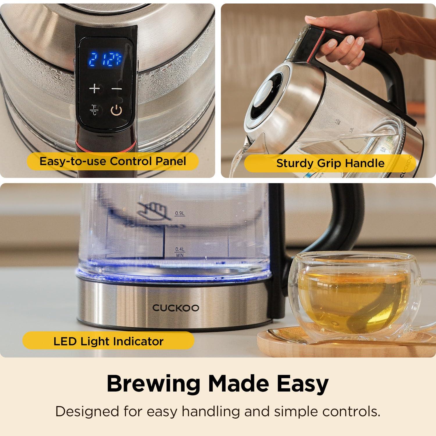 CUCKOO Electric Tea Kettle with Infuser & Temperature Control 7 Heat Settings LED Lights 1.7L Glass and Stainless Steel (CK-G170BS)